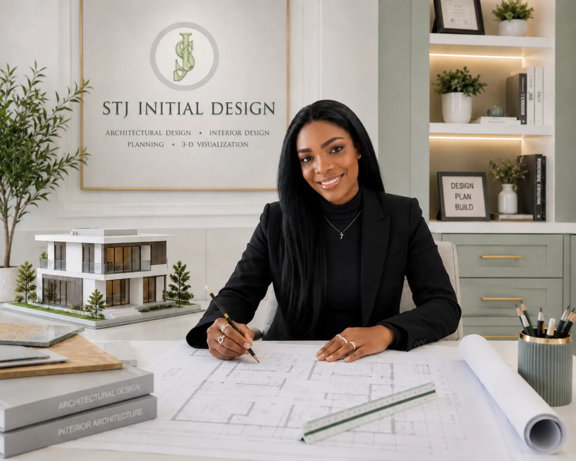 Sherly Telcide-Julien, Principal of STJ Initial Design, Inc., reviewing architectural plans in the design studio