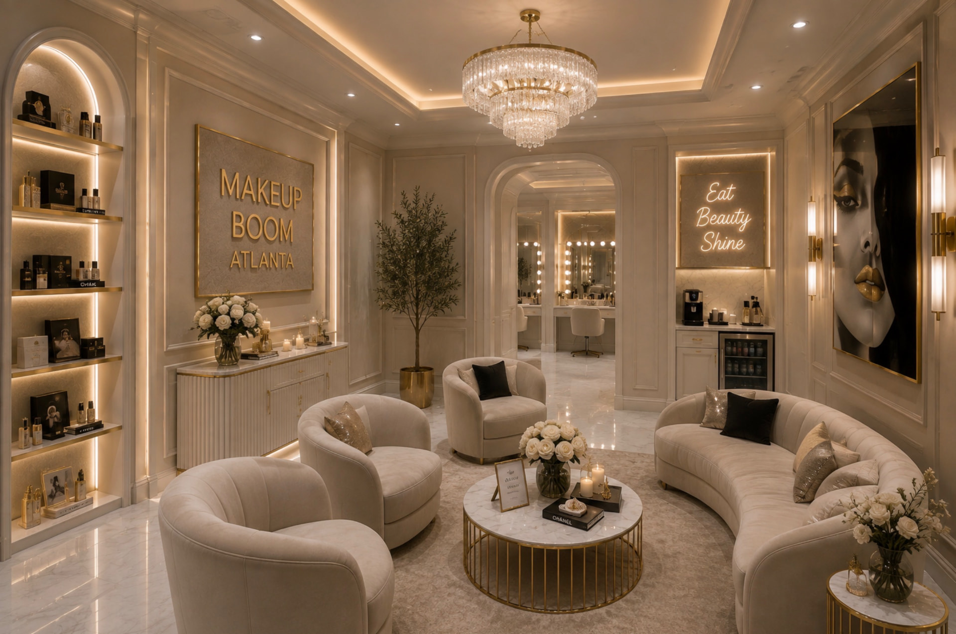 Atlanta makeup studio lounge with crystal chandelier, curved cream seating, gold-trimmed retail niches and neon signage