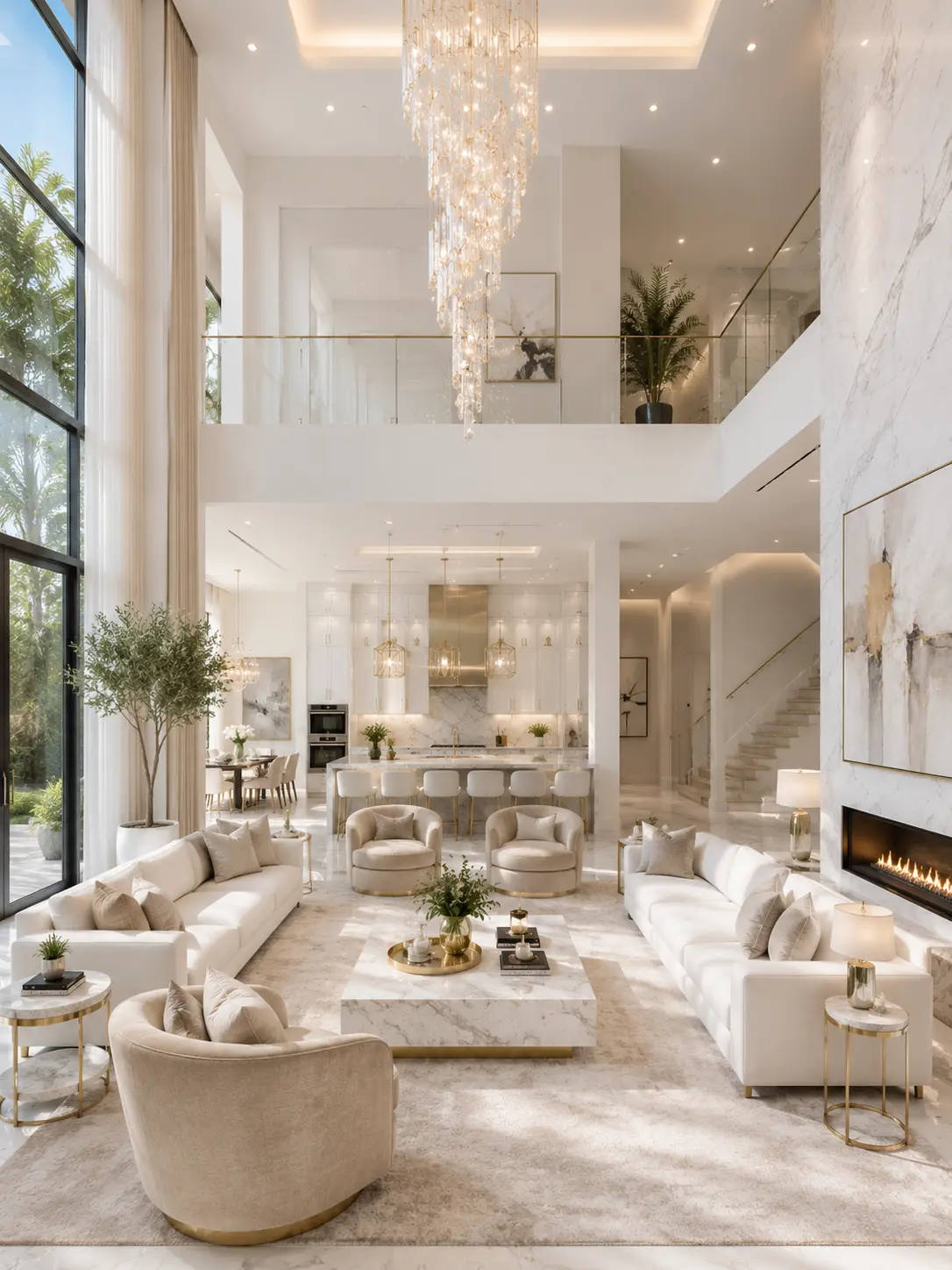 Double-height cream and marble great room with crystal chandelier and fireplace wall