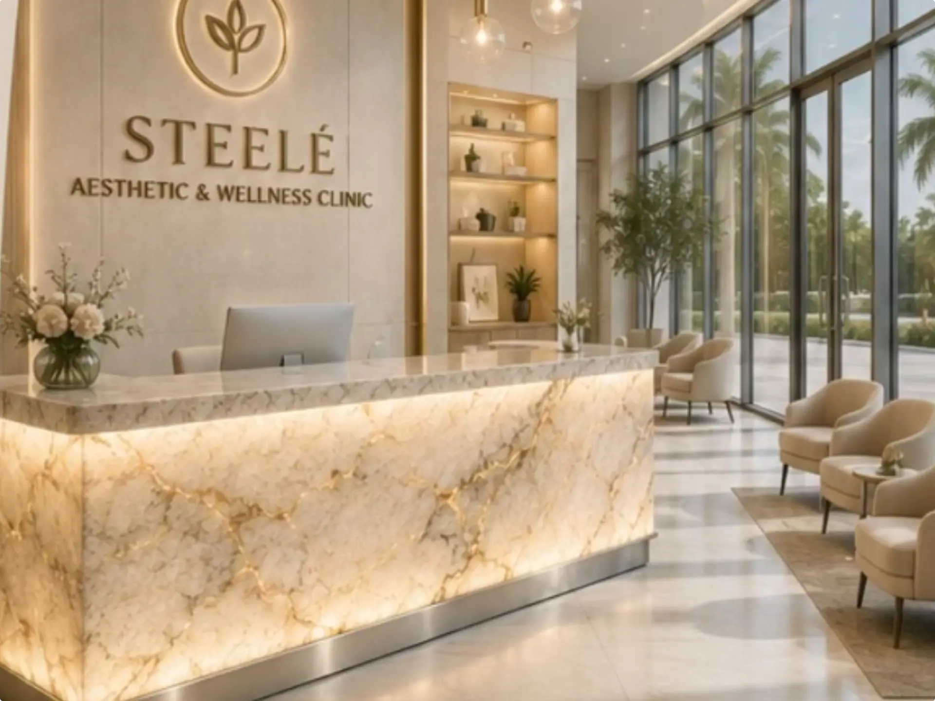 Aesthetic and wellness clinic lobby with backlit onyx reception desk and full-height glass