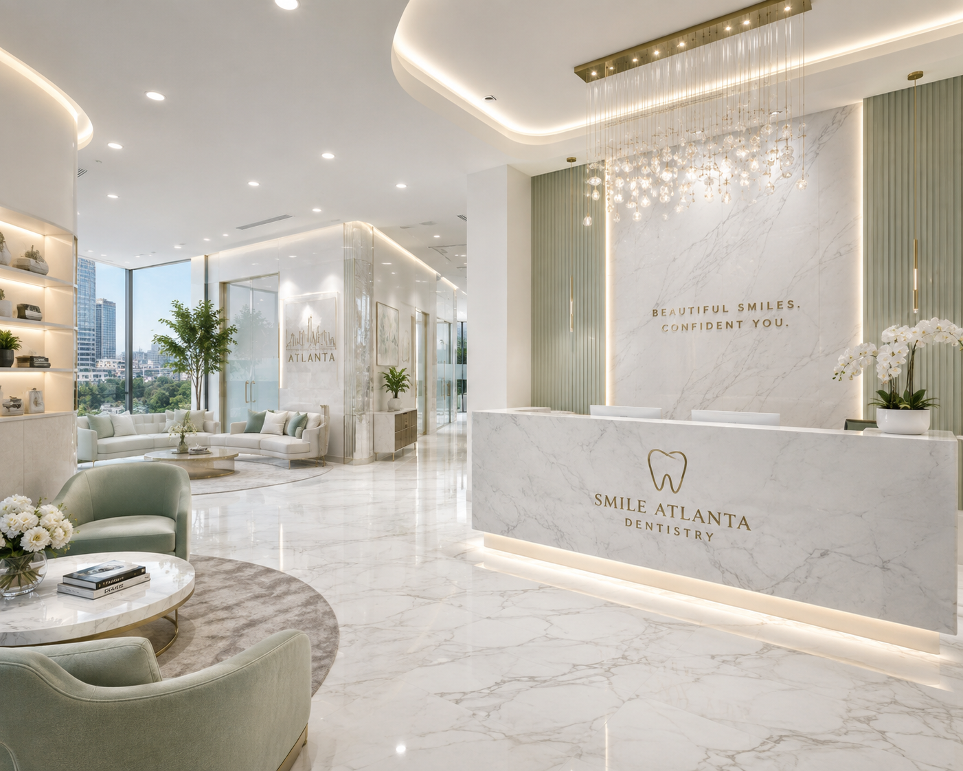 Dental clinic lobby with marble reception desk, sage fluted panels and crystal chandelier