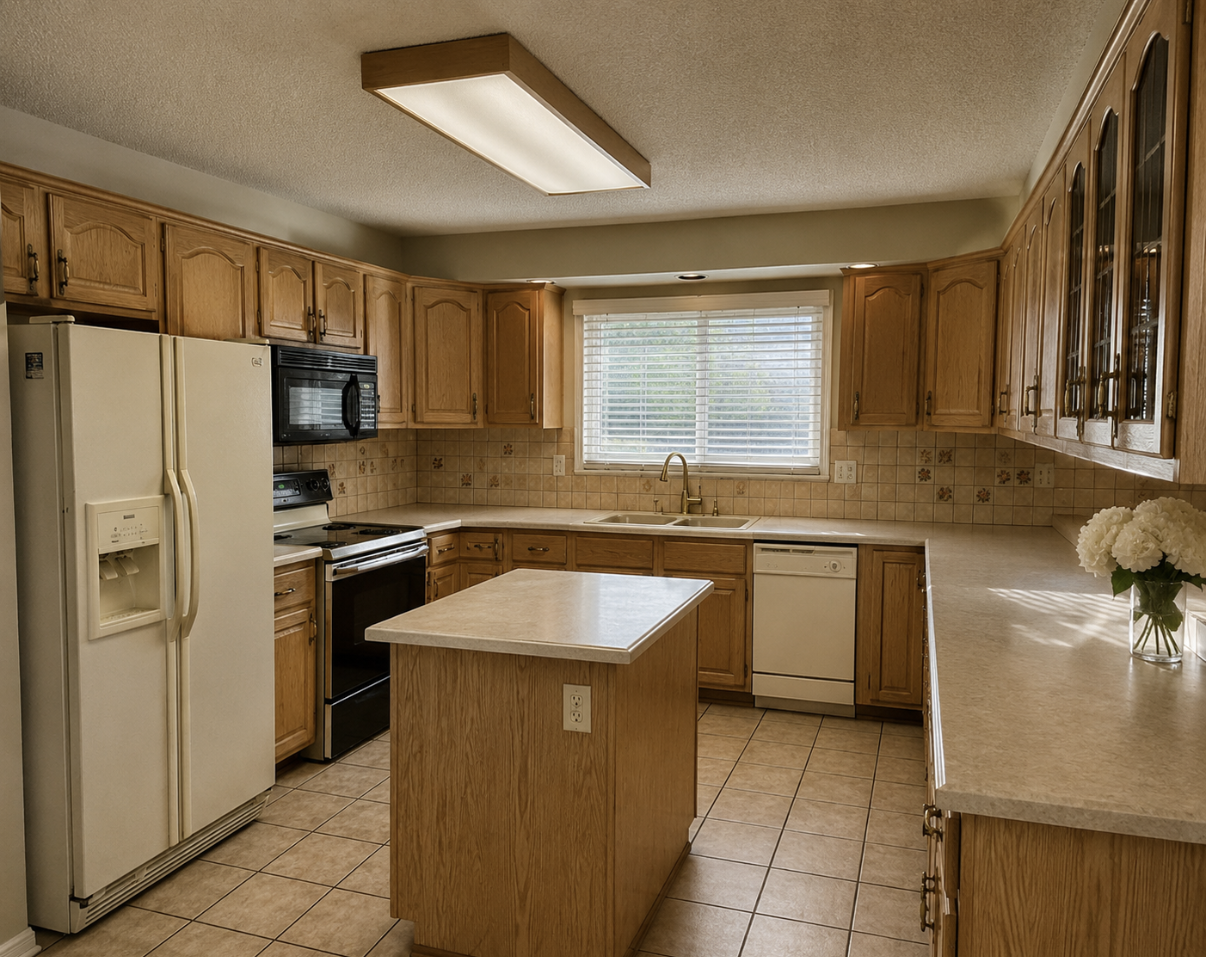 Existing Fort Lauderdale kitchen before remodeling with oak cabinets, laminate counters, tile floors and white appliances