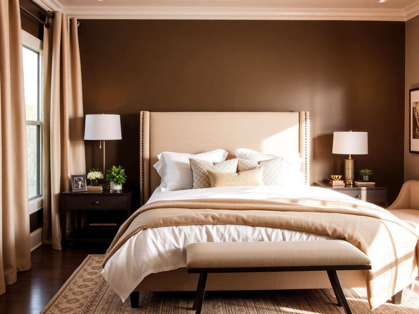 Mid-range bedroom with upholstered headboard, accent wall and layered curtains