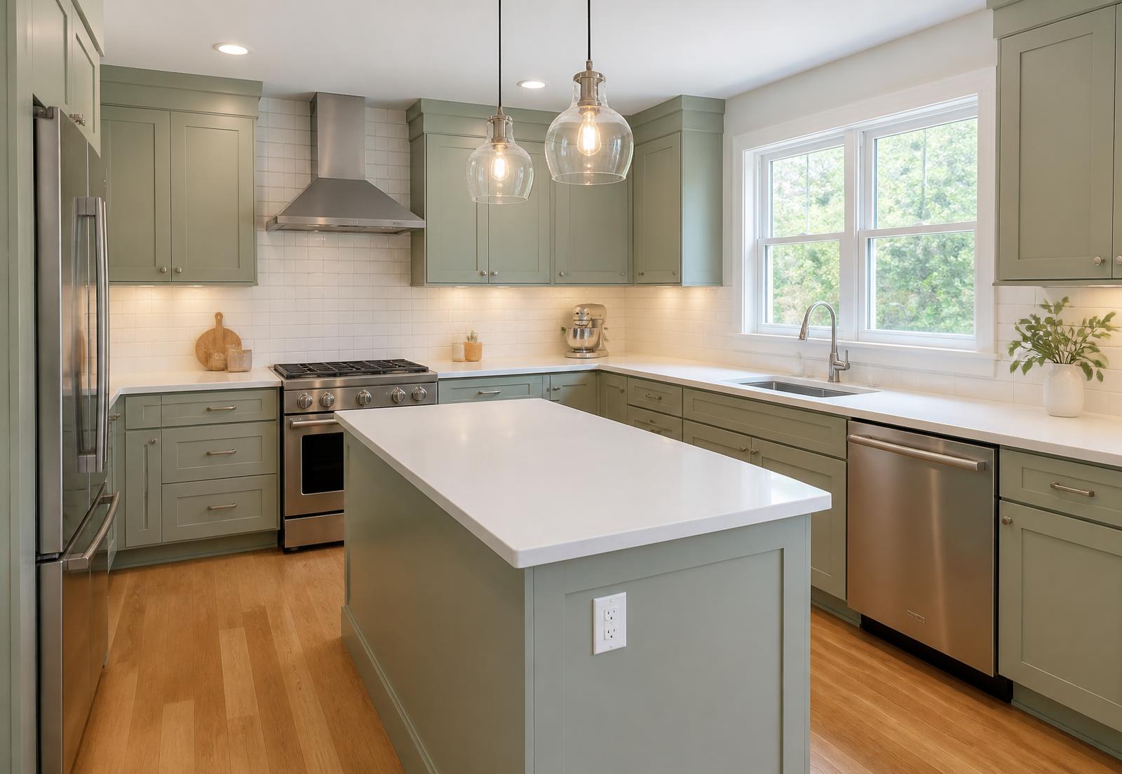 Attainable kitchen with sage cabinetry, stone-look counters and pendant lighting