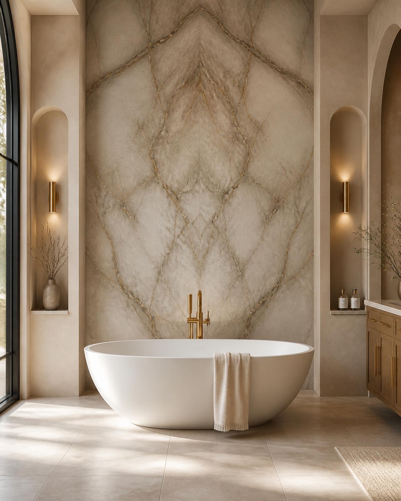 Primary bathroom with book-matched marble slab wall and freestanding tub