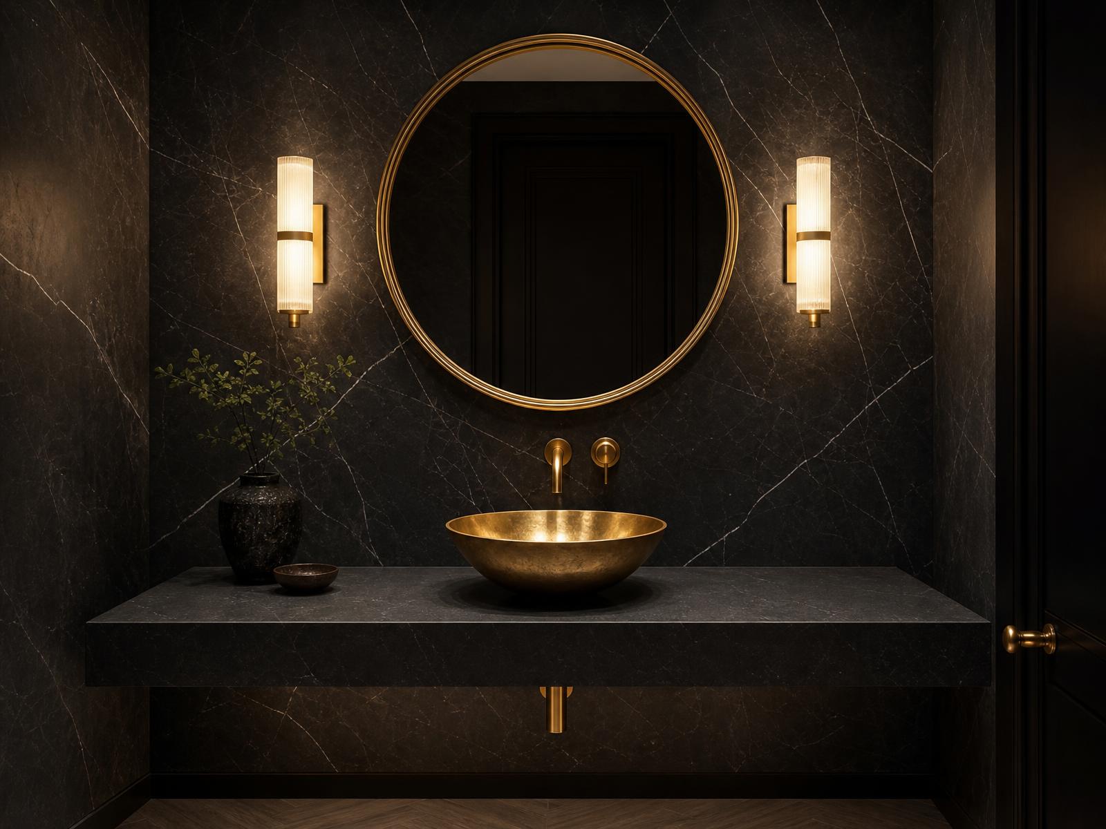 Dark stone powder room with gold framed round mirror and brass vessel sink