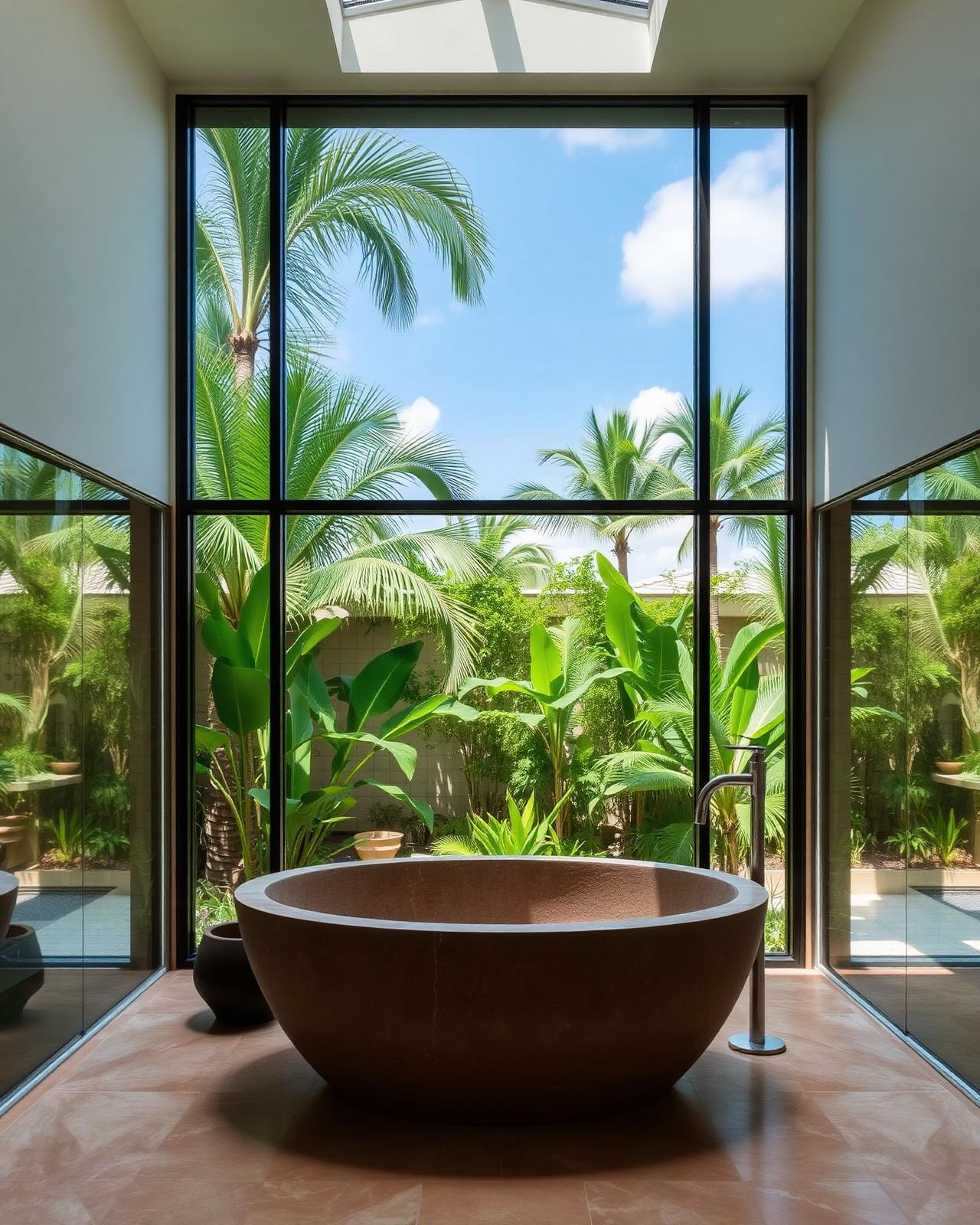Bathroom with floor to ceiling glass overlooking a private tropical garden