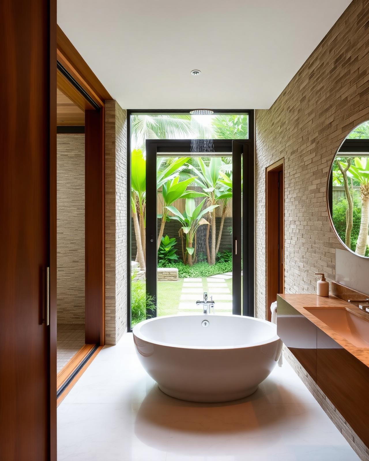 Courtyard spa bathroom with sliding glass doors opening to landscaping
