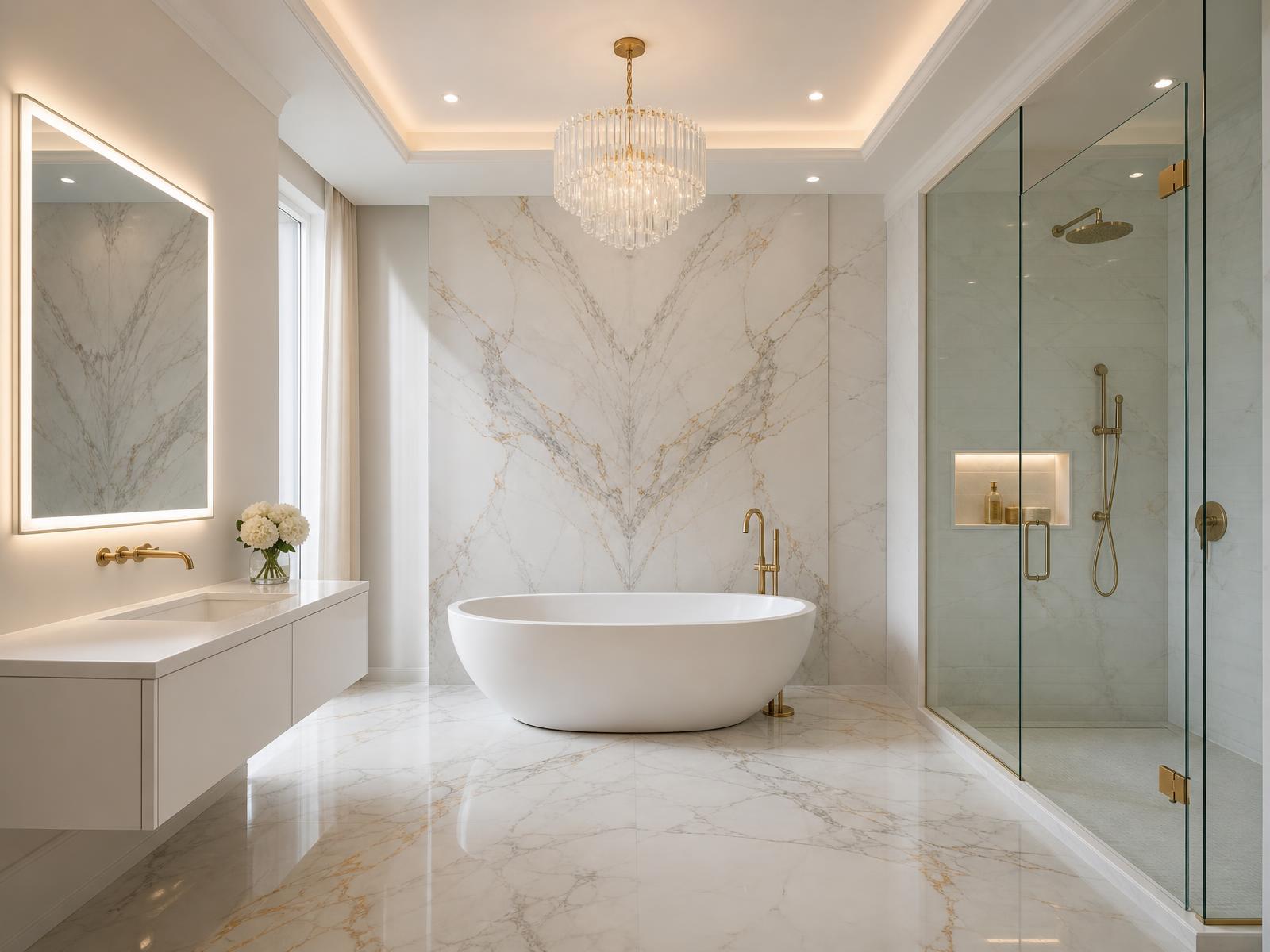 White marble bathroom with freestanding tub, brass fixtures and chandelier