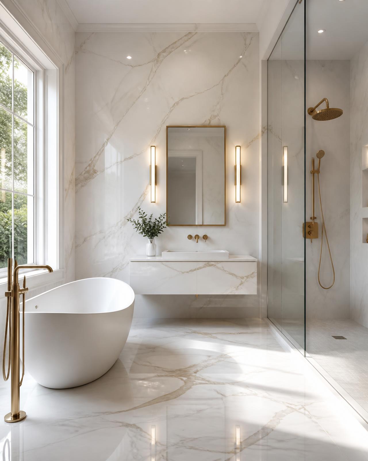 Book-matched white marble bathroom with sculptural tub and backlit mirror