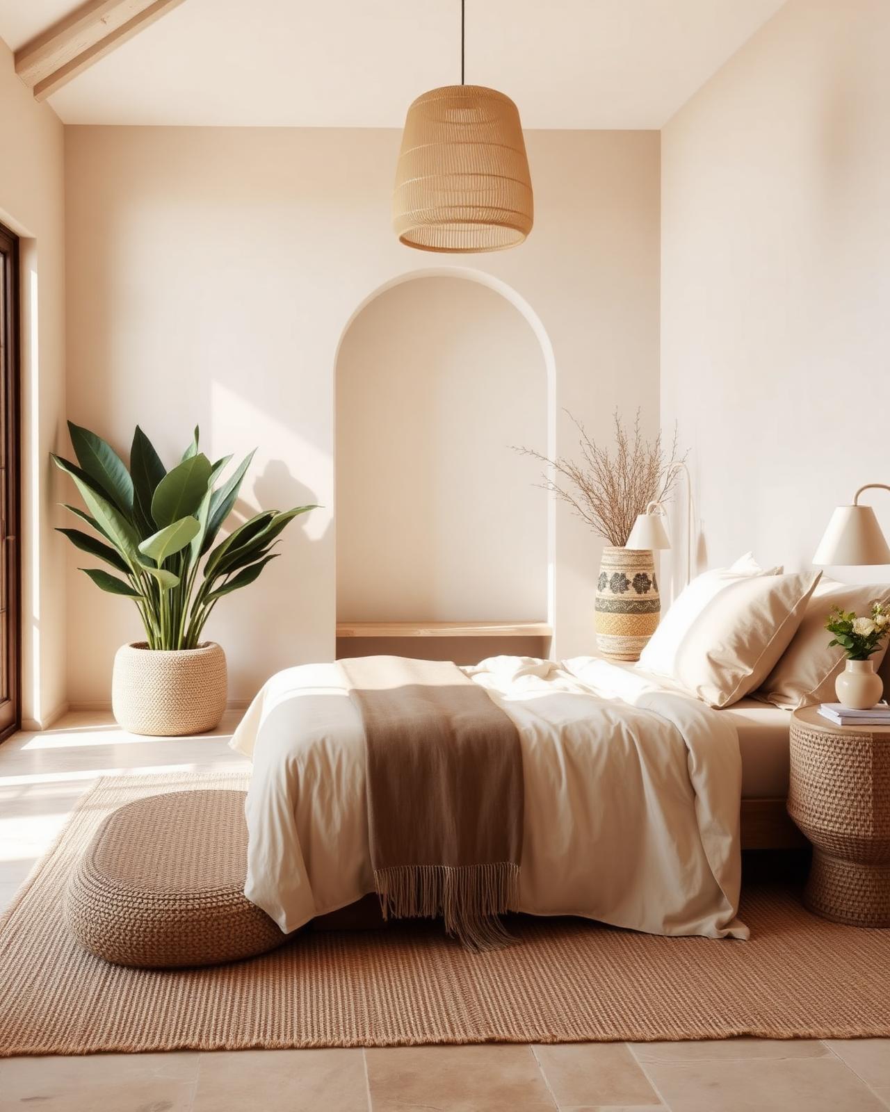 Boho luxury bedroom in cream and sand with woven textures and plants