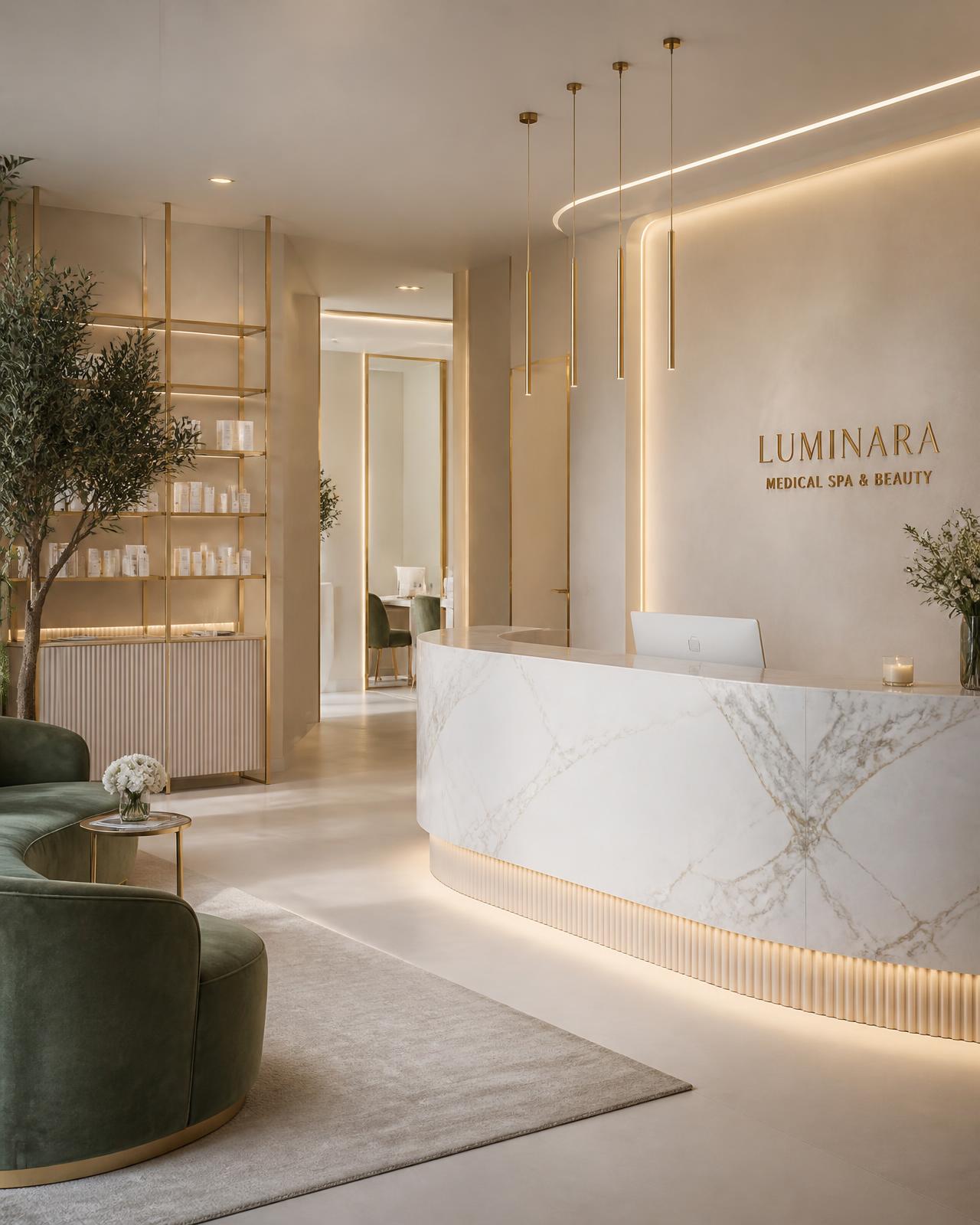Upscale commercial reception interior with marble desk and champagne gold lighting