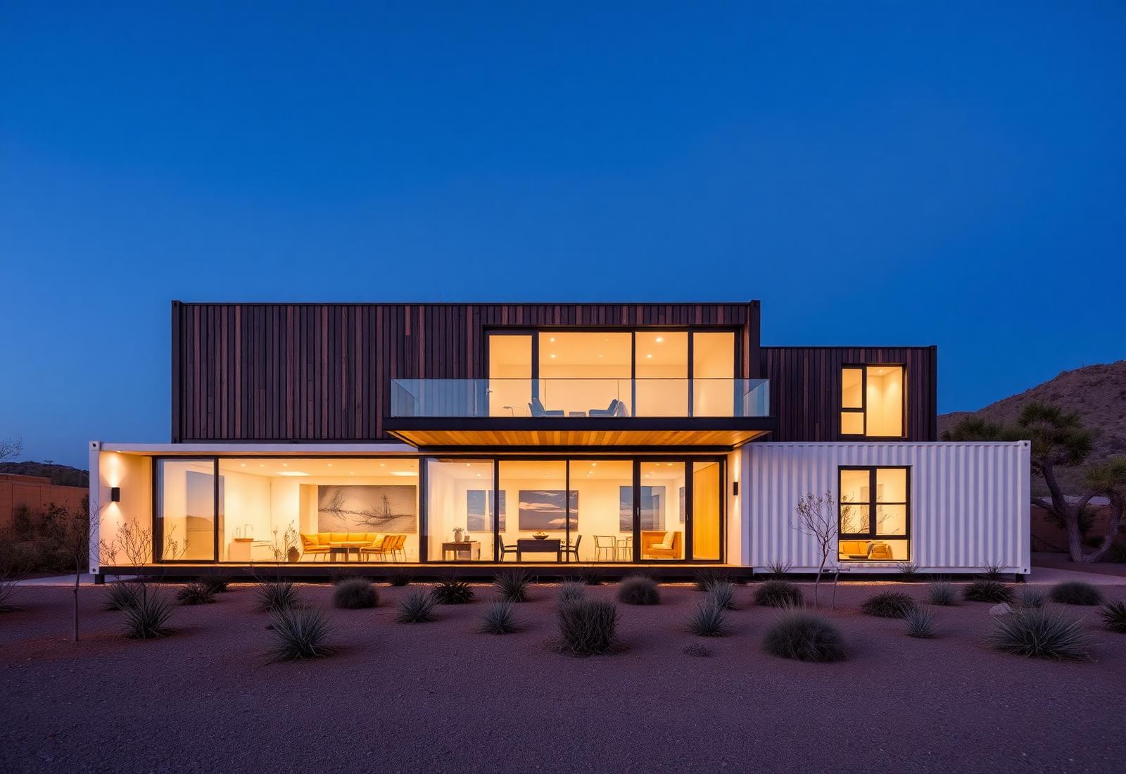 Single story luxury shipping container home with charred wood cladding at dusk