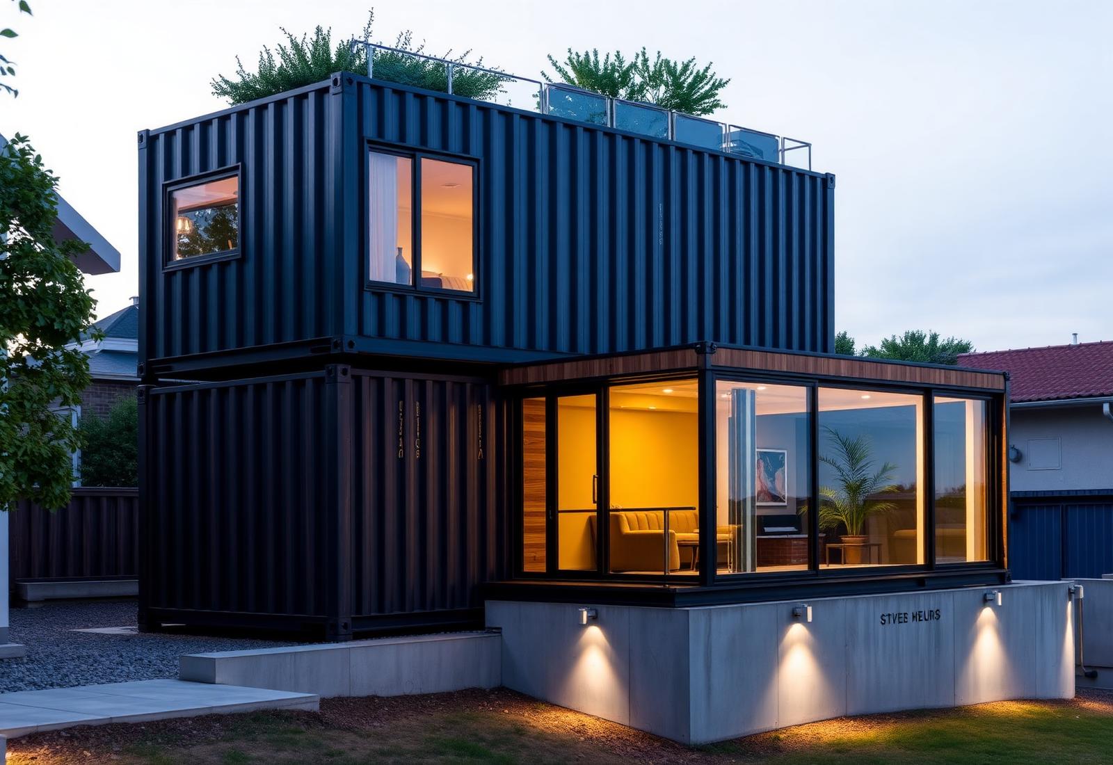 Two story stacked shipping container residence with rooftop planting
