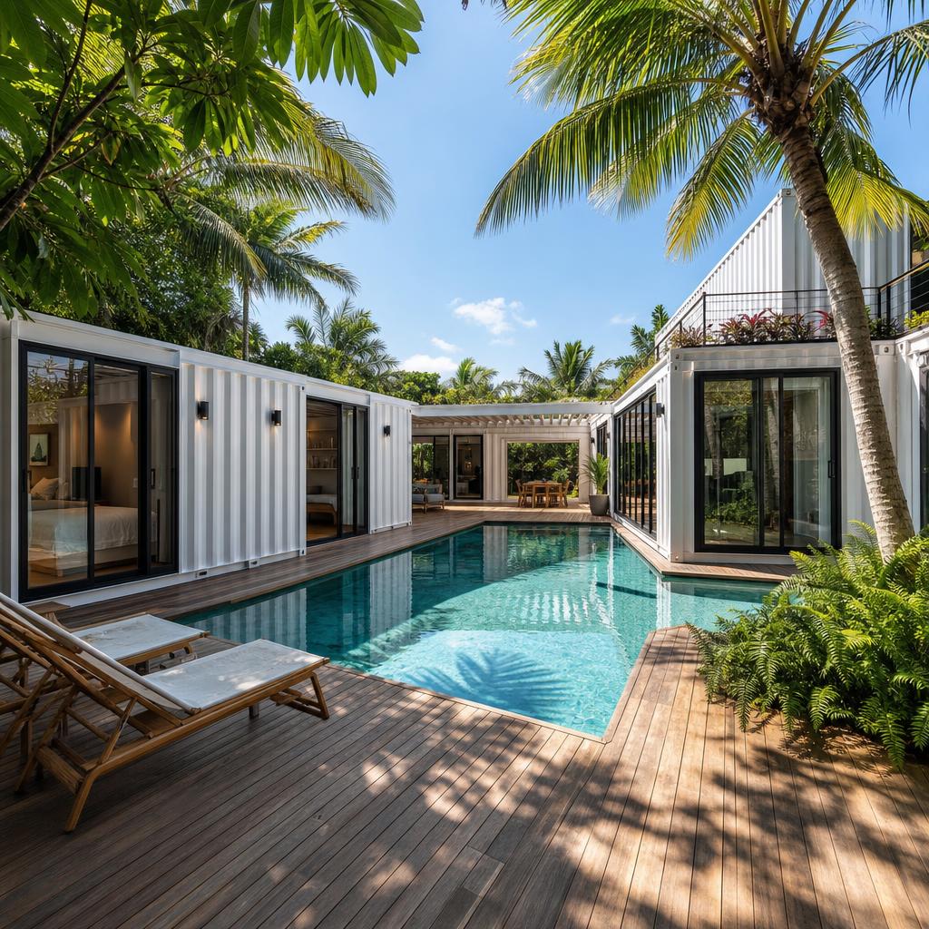 L-shaped white container home around a tropical pool courtyard