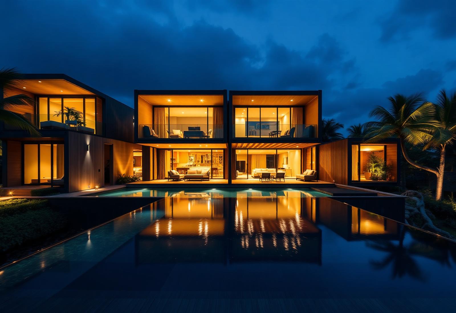 Multi container luxury residence at night with lit pool and warm interiors