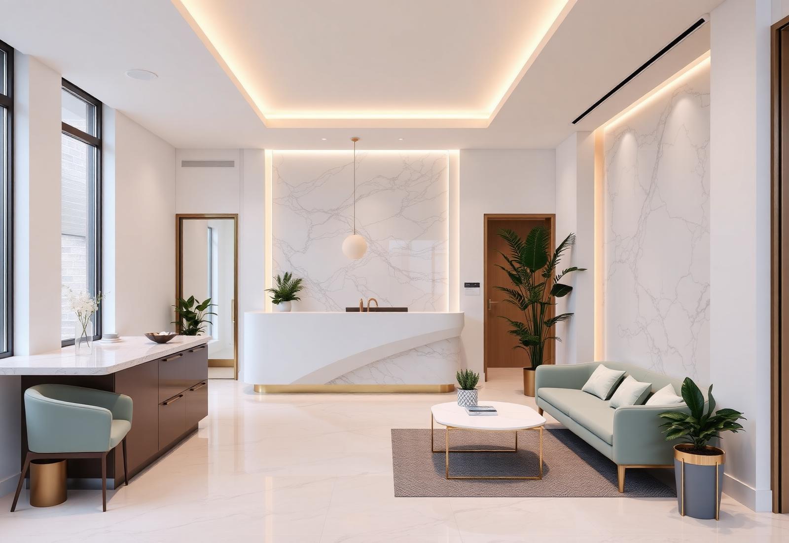 Luxury dental clinic reception and waiting lounge with marble wall and sage seating