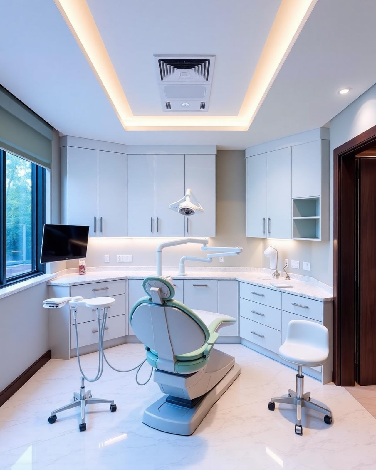 Modern dental operatory with white cabinetry, sage accents and natural light