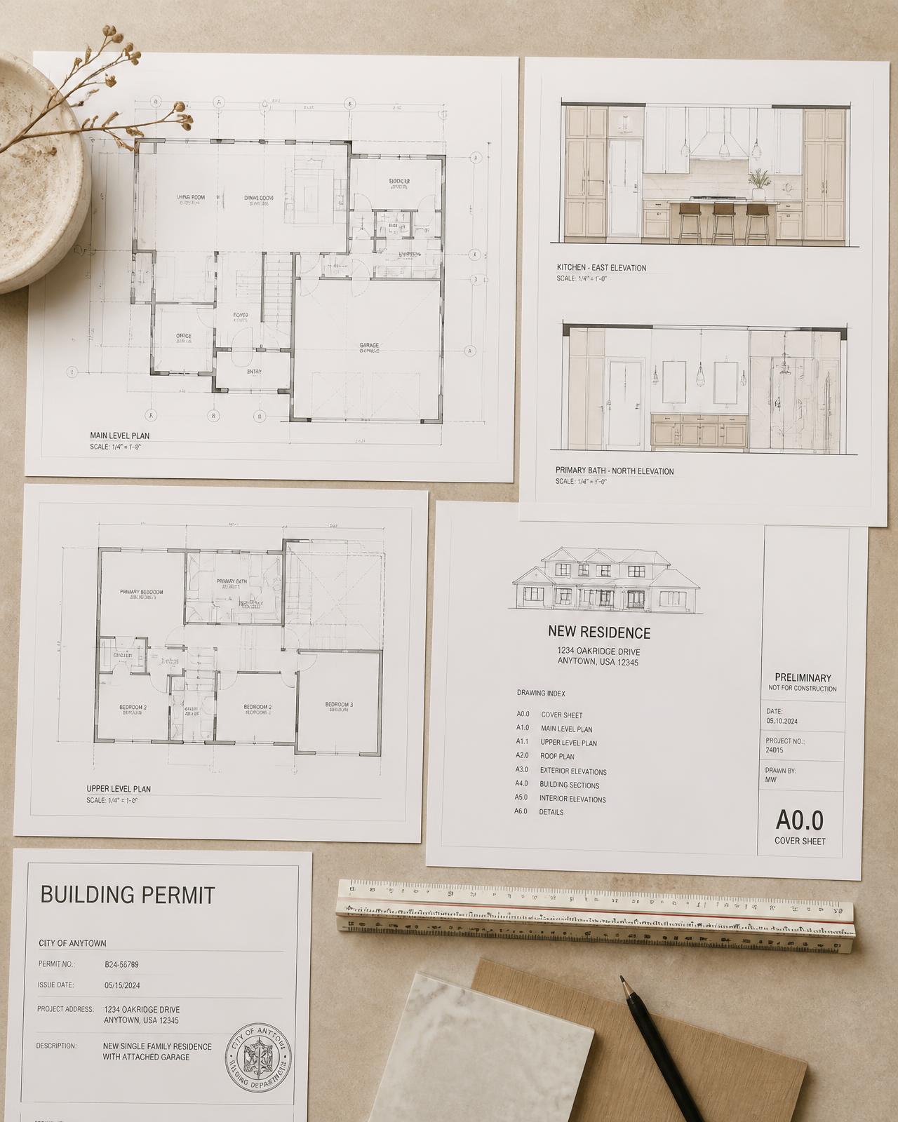 Architectural floor plans and interior elevations for a permit drawing set