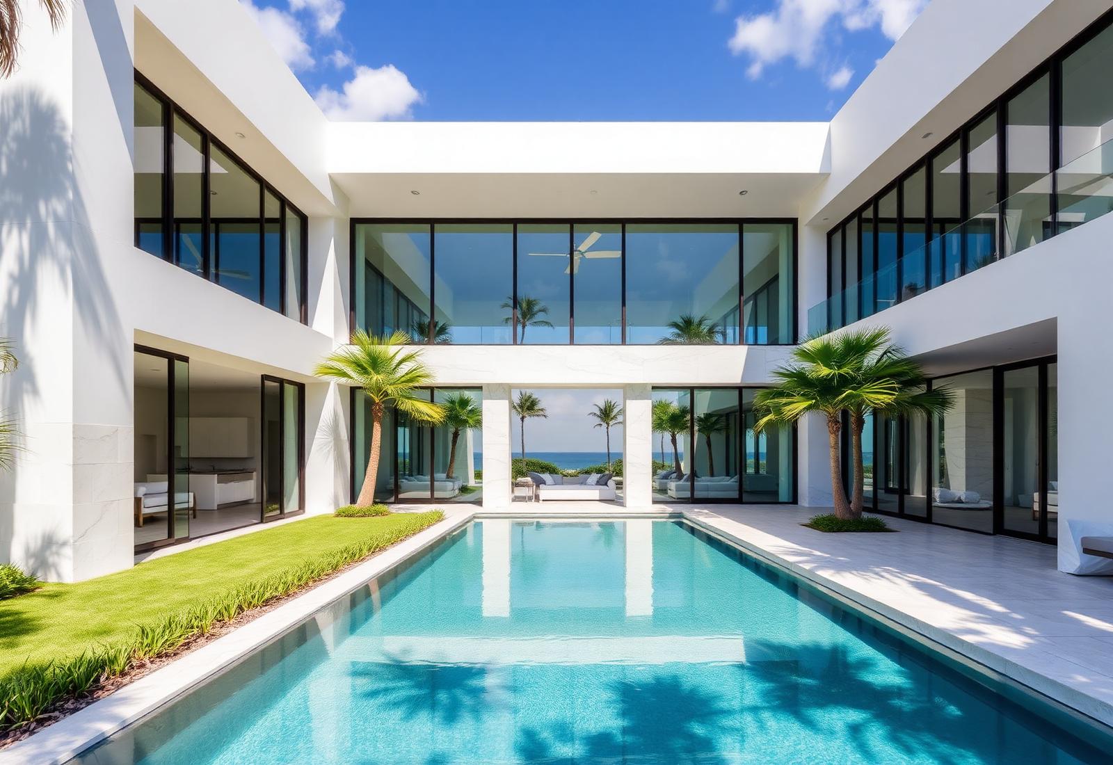 Modern white Miami residence with reflecting pool and palms