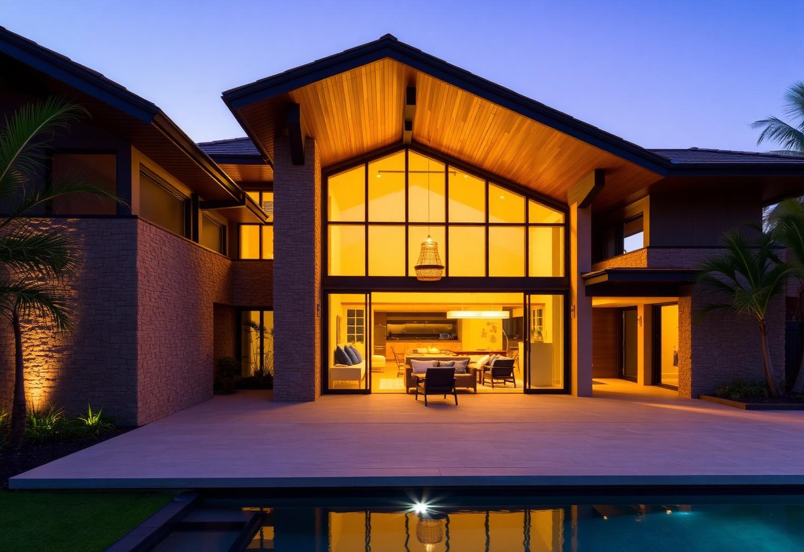 Warm contemporary tropical residence at dusk with glowing double-height glass
