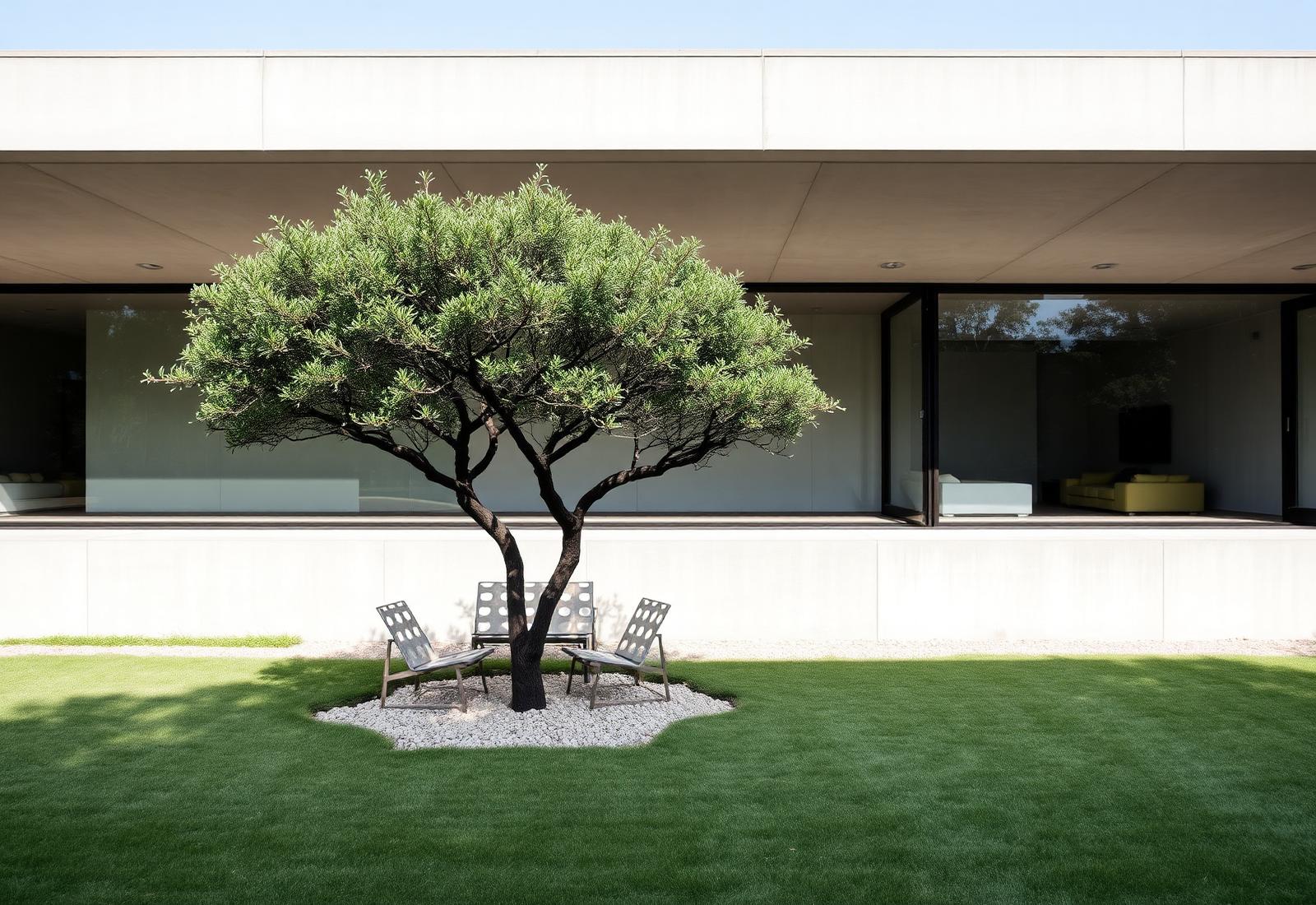 Minimalist concrete and glass house with courtyard tree