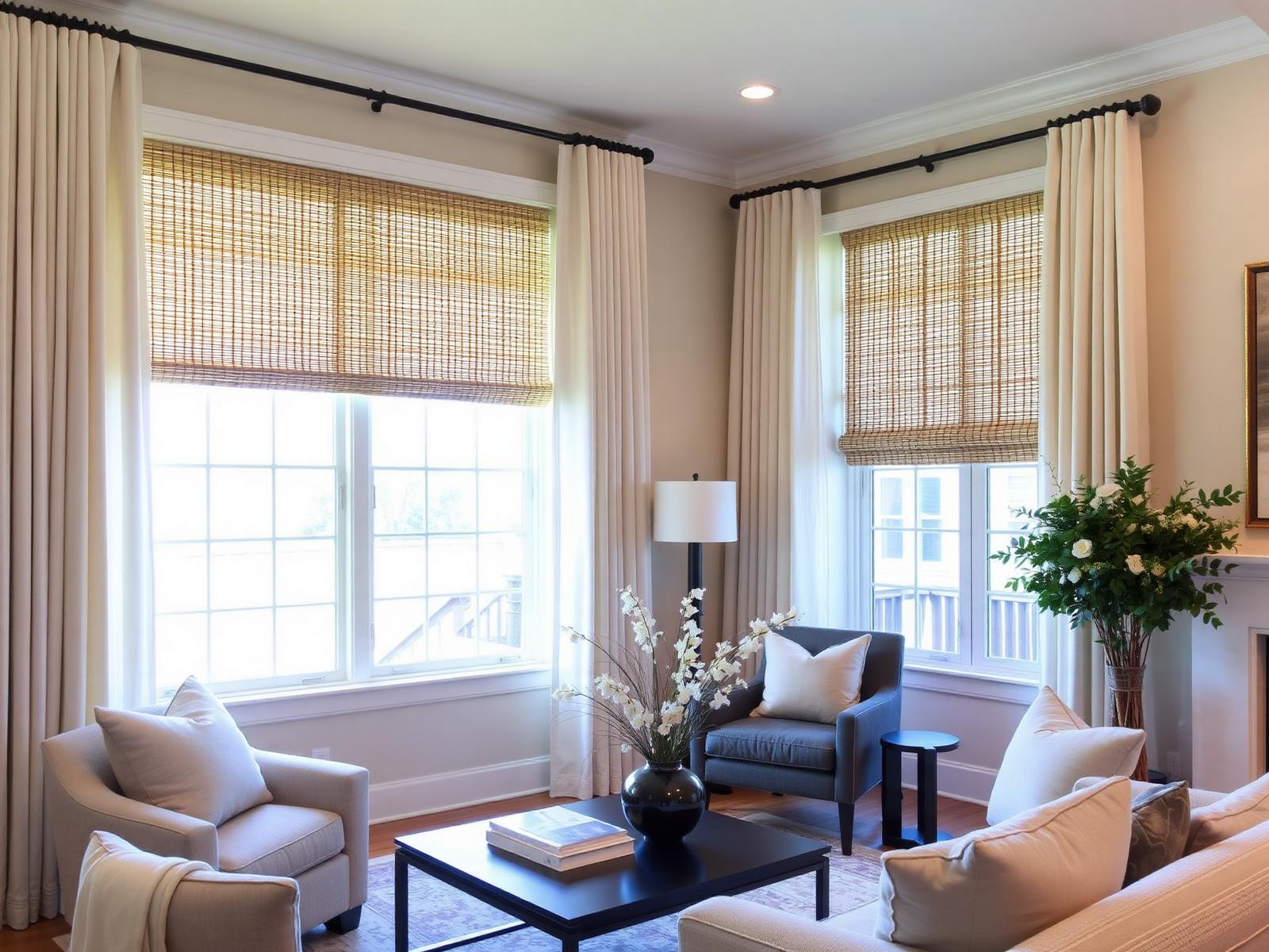 Warm modern living room with woven shades layered under ivory drapery