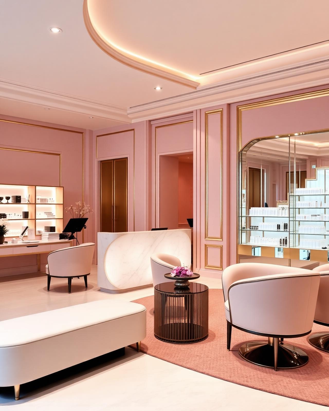 Beauty studio reception lounge in blush and cream with backlit product display