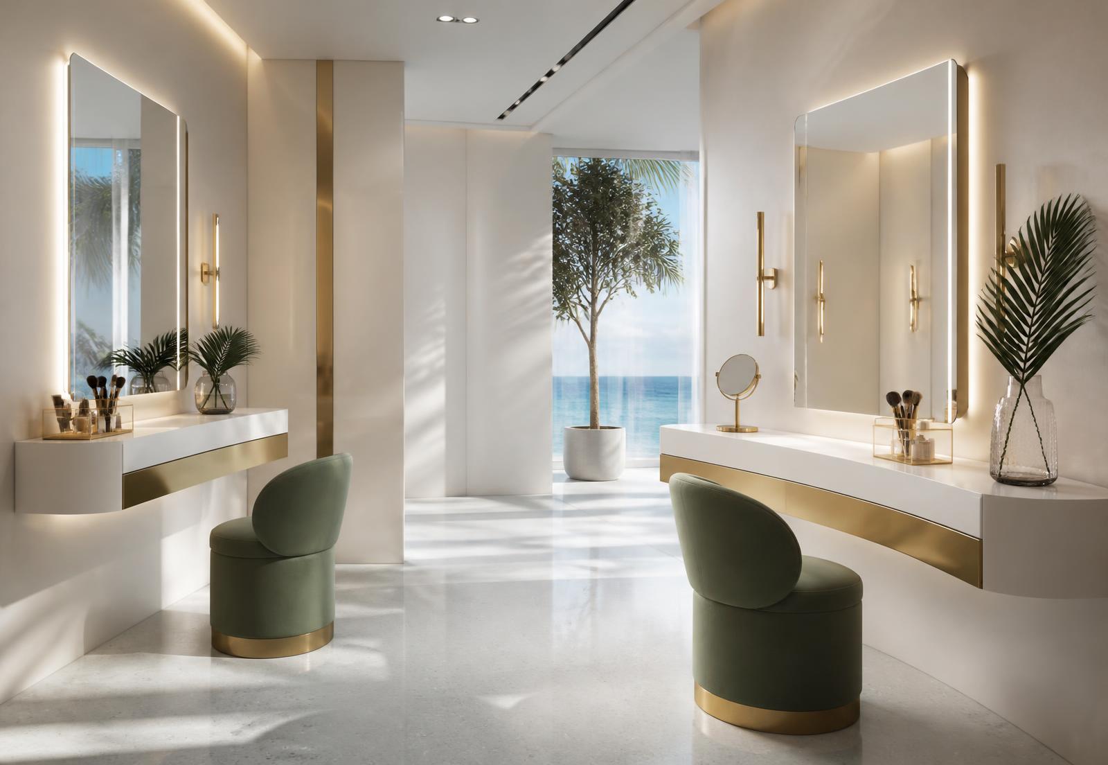 Modern Miami Beach makeup studio with floating white vanities, backlit mirrors and sage stools