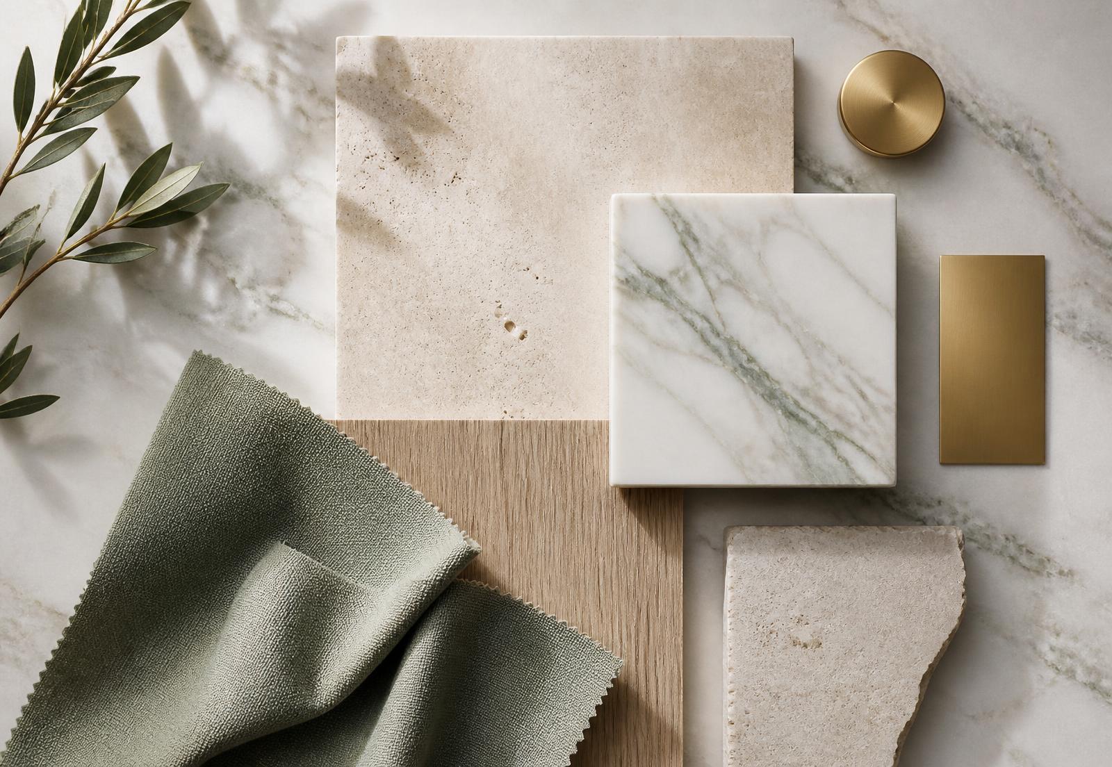 Marble, travertine, white oak, sage textile and champagne gold material palette