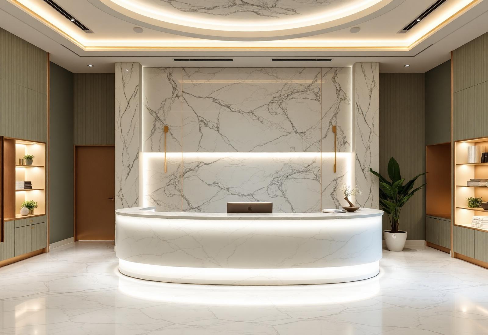 Luminous luxury med spa reception with curved backlit marble desk
