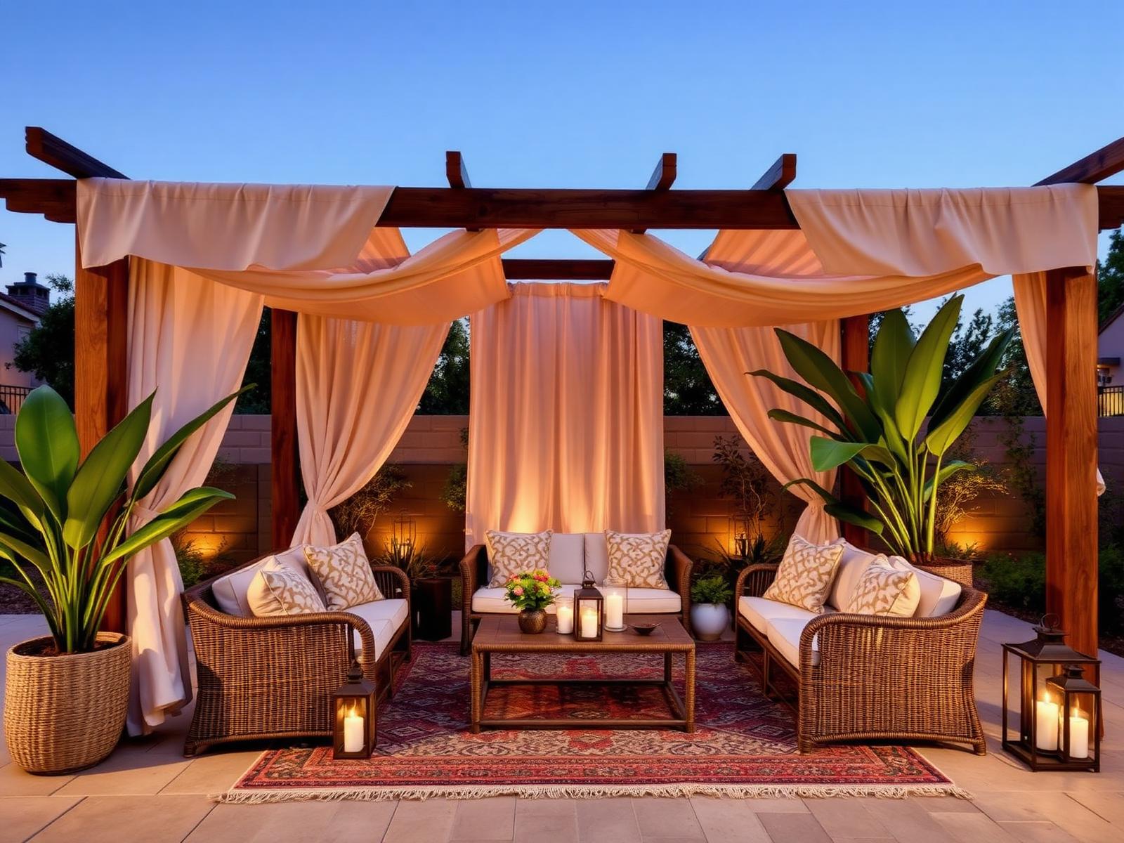 Boho pergola patio with linen drapery, rattan furniture, plants and lanterns