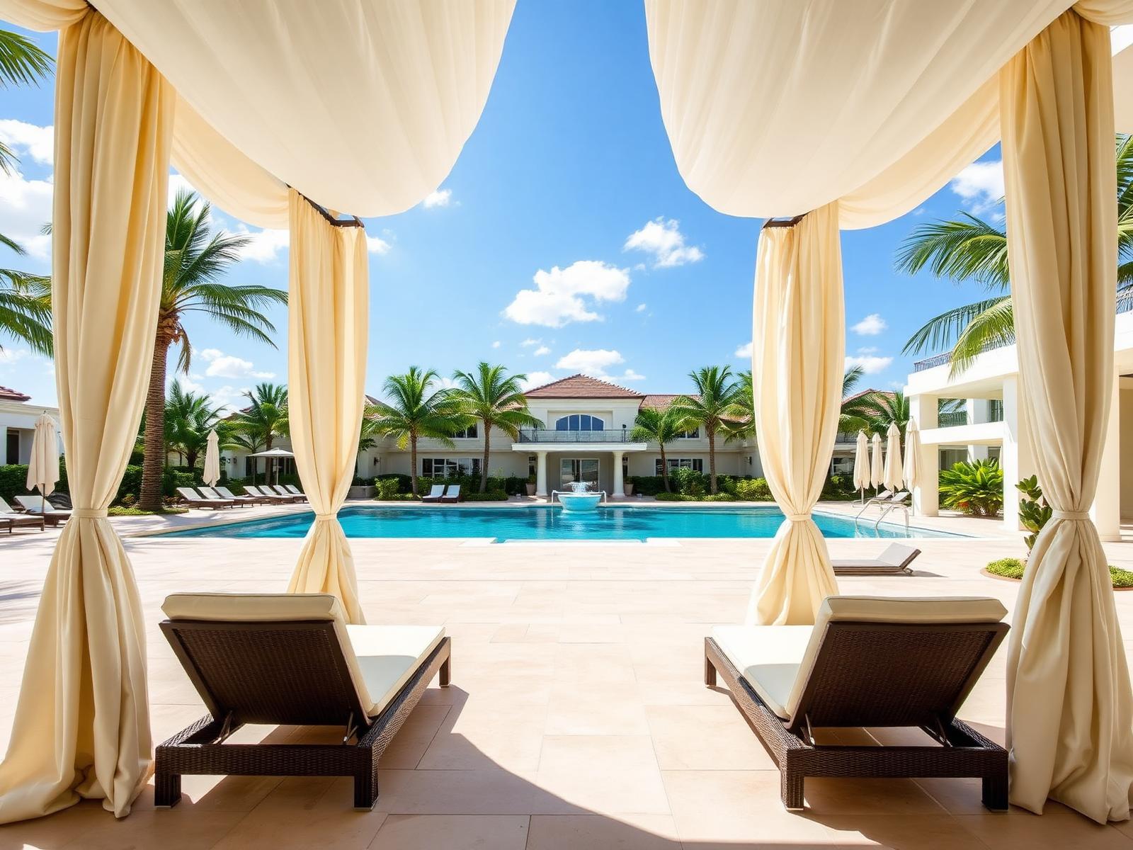Poolside cabana with cream outdoor drapery and chaise lounges