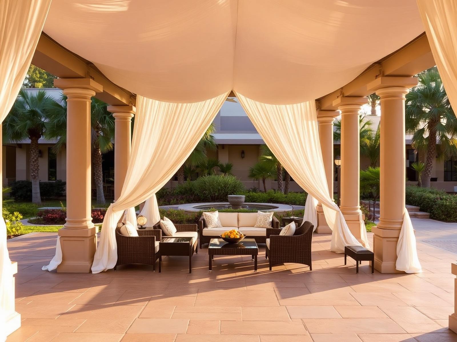 Luxury resort covered patio with white flowing outdoor drapery at golden hour