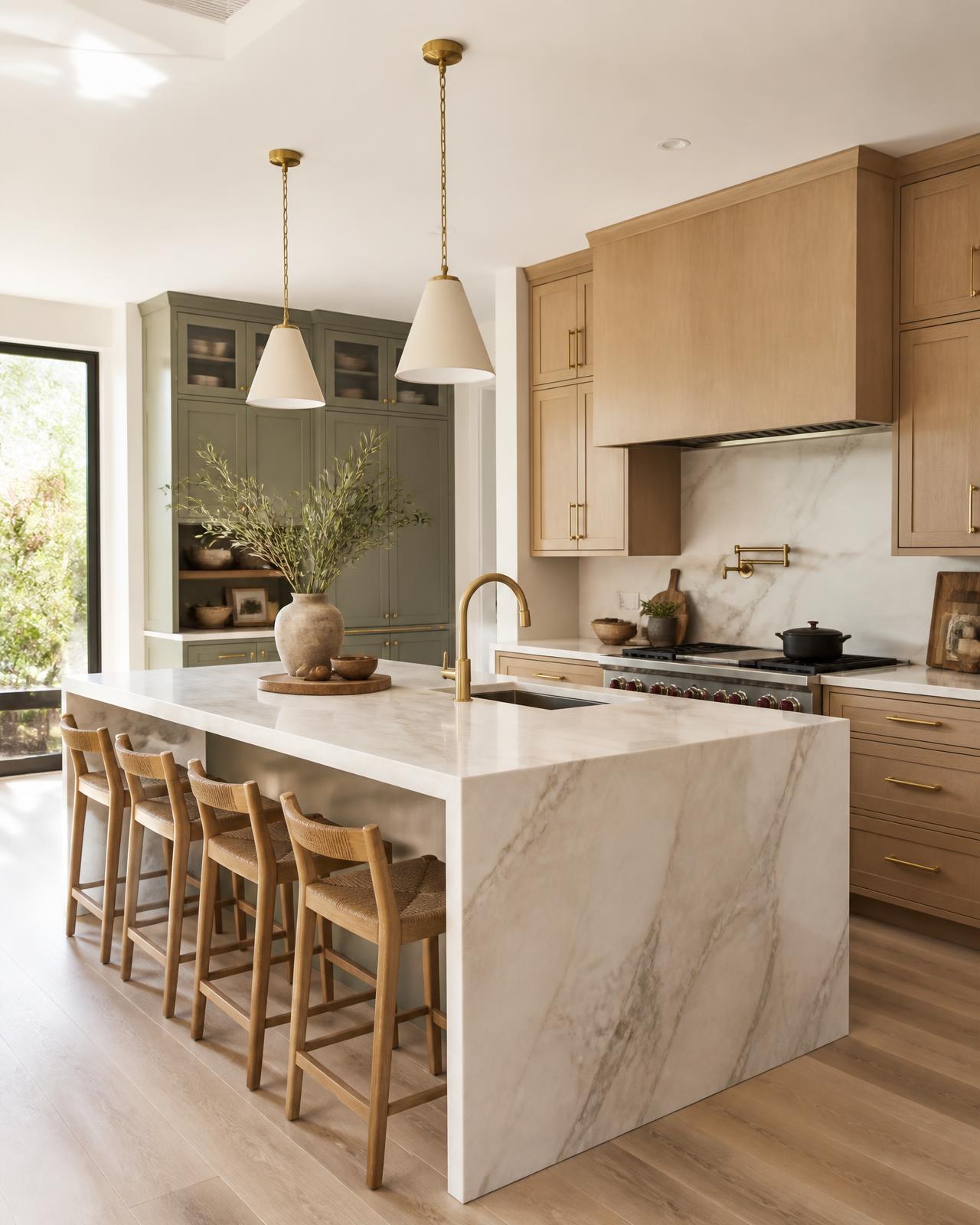 Luxury kitchen with marble waterfall island, white oak millwork and sage cabinetry