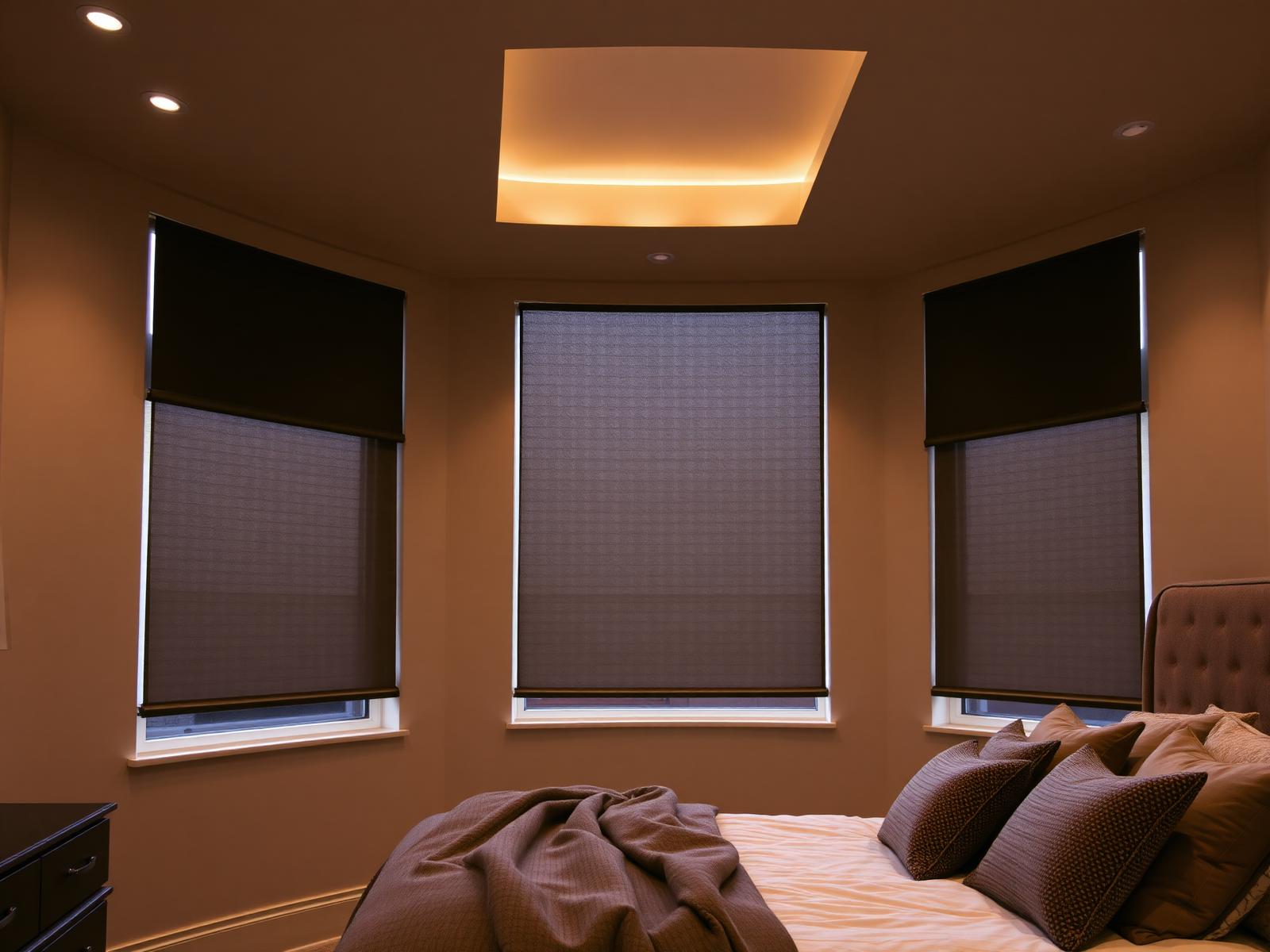 Bedroom with motorized blackout roller shades and warm cove lighting