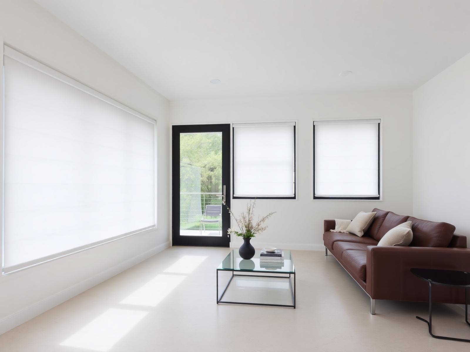 Minimalist living room with clean white light-filtering roller shades