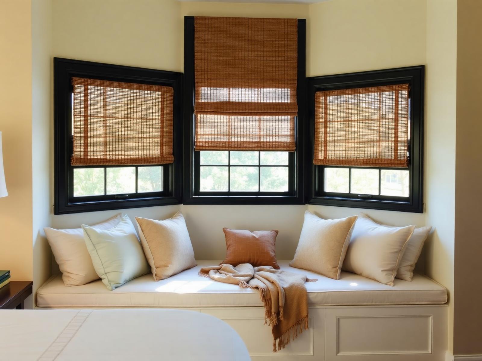 Bedroom reading nook with custom window bench, woven shades and black frames