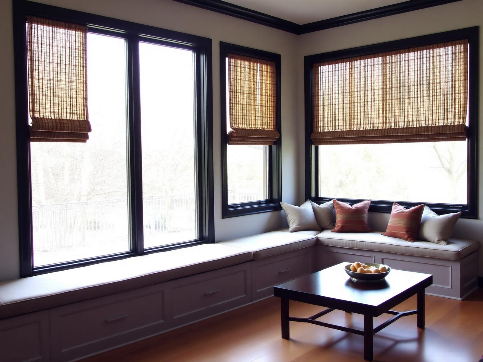 Living room with woven roman shades, black window frames and built-in bench