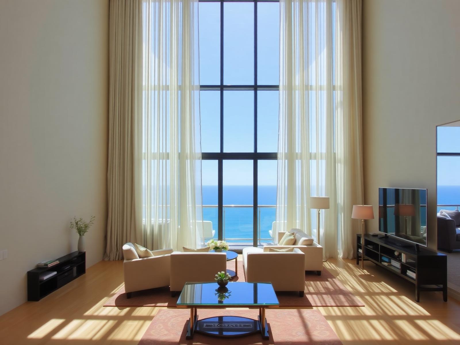 Luxury condo living room with floor to ceiling sheer curtains over glass