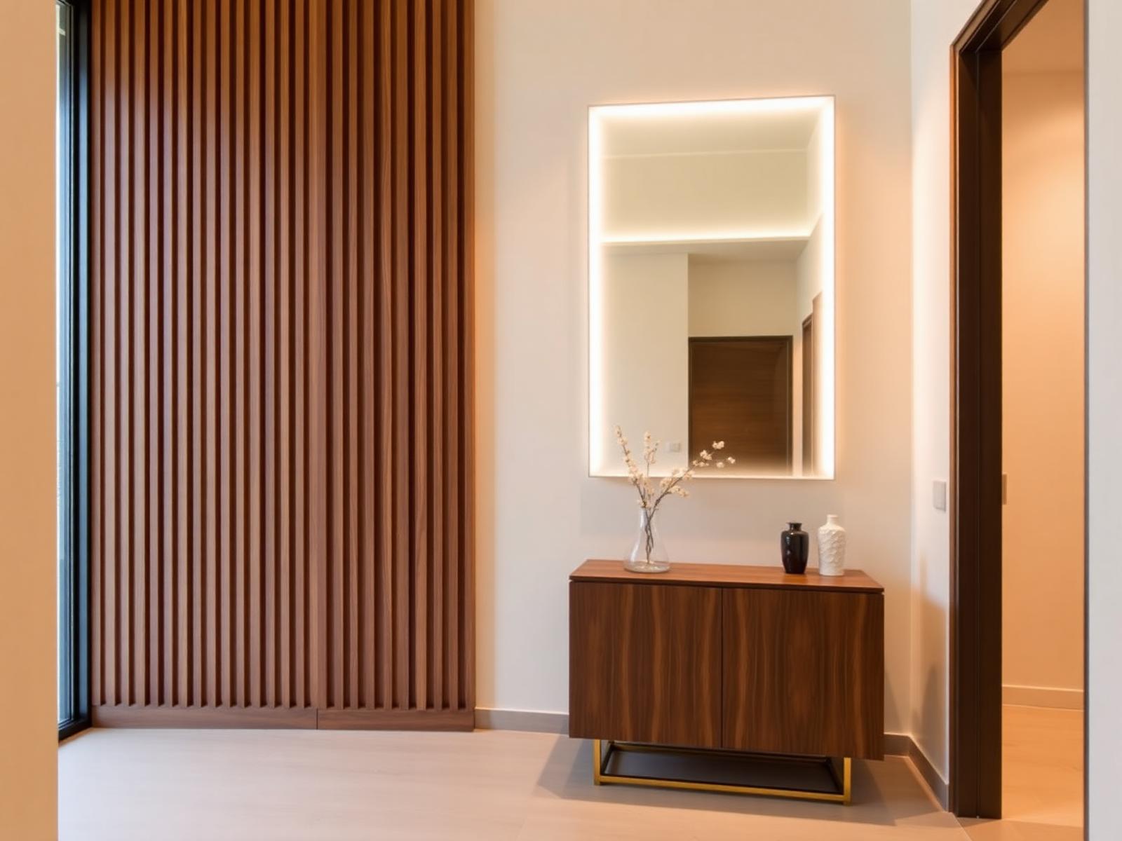 Entry foyer with vertical wood slat wall and large backlit floating mirror