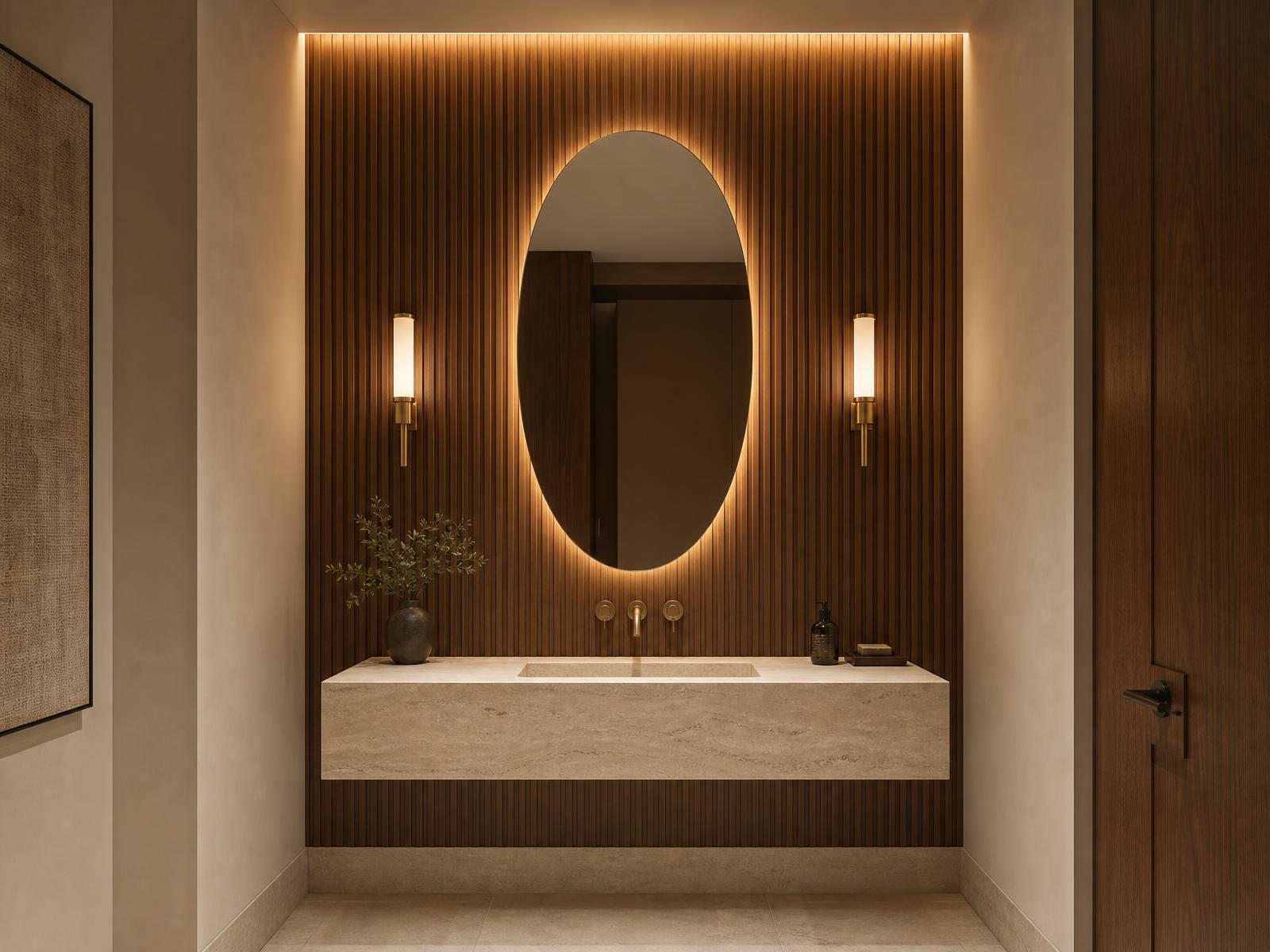 Hotel-inspired powder room with fluted wood panels and backlit mirror