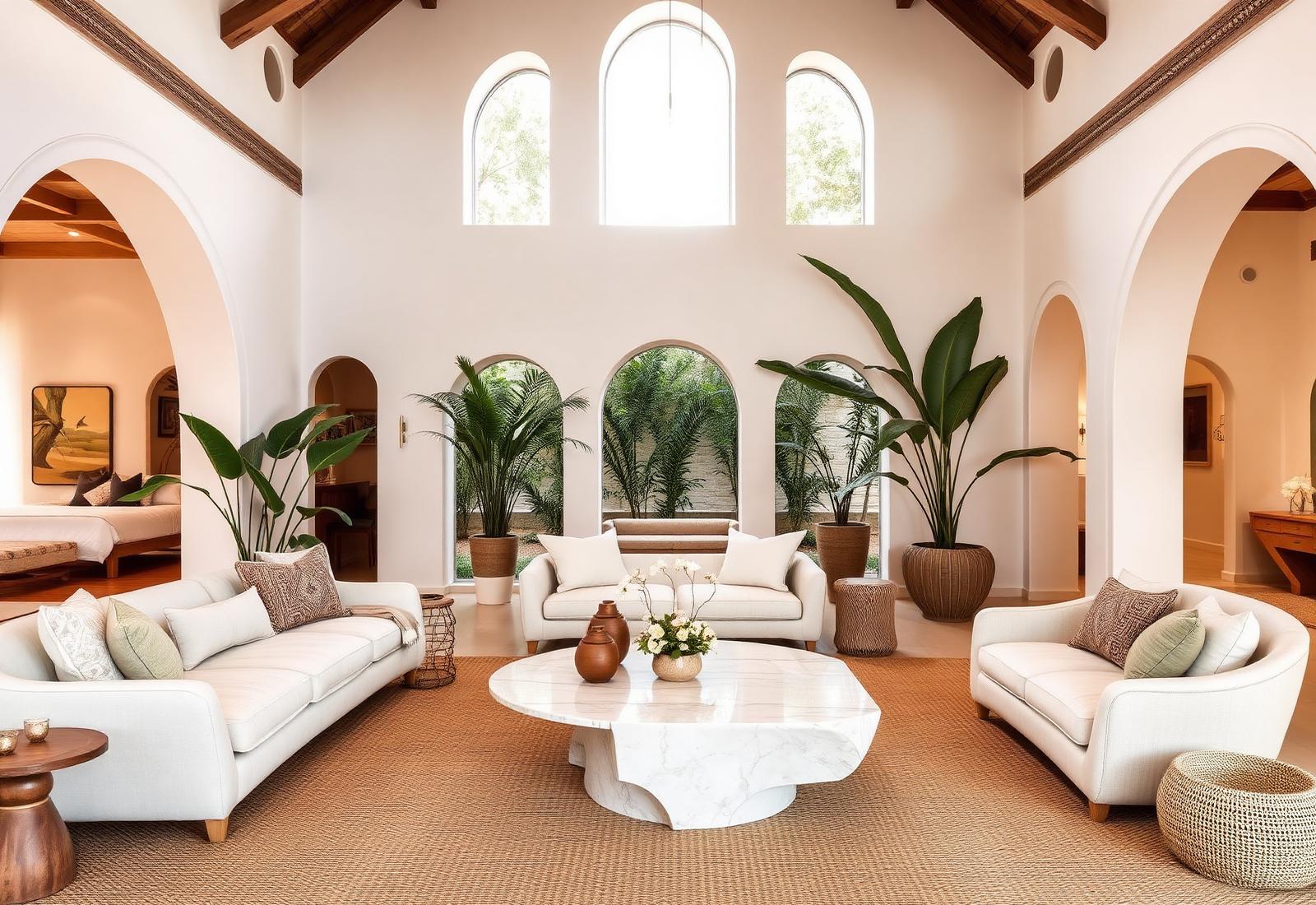 Boho luxury living room with travertine, arches and woven textures