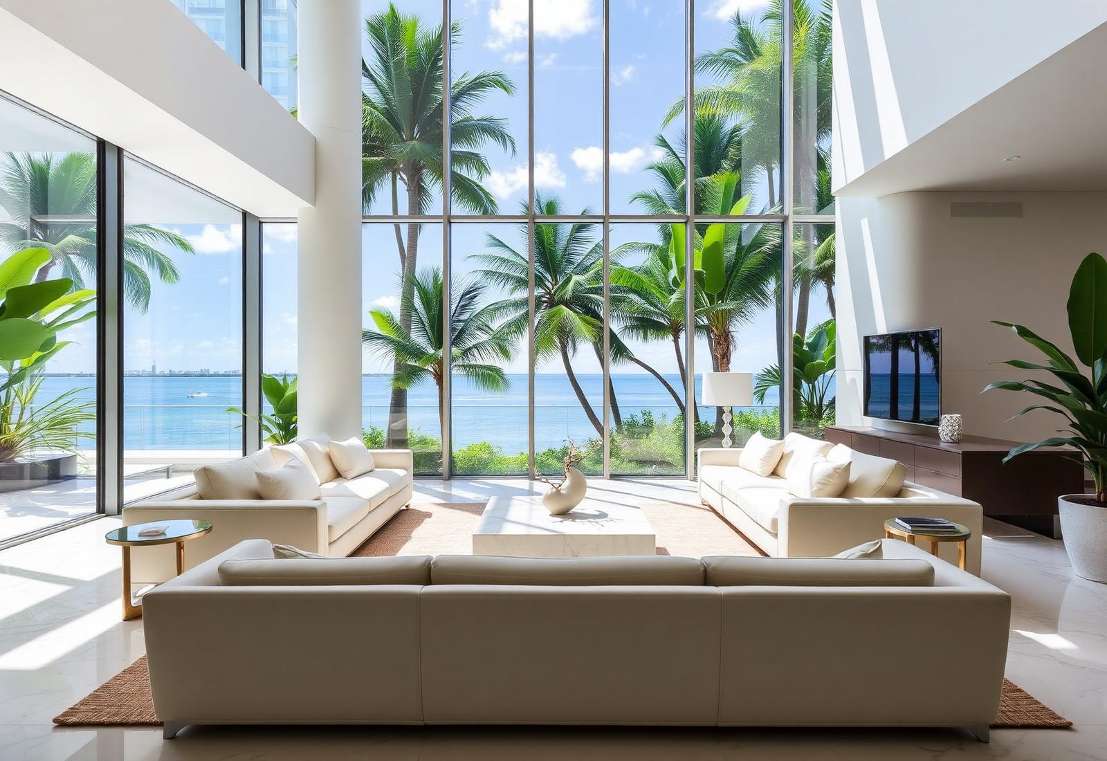 Miami luxury living space with full height glass and water view
