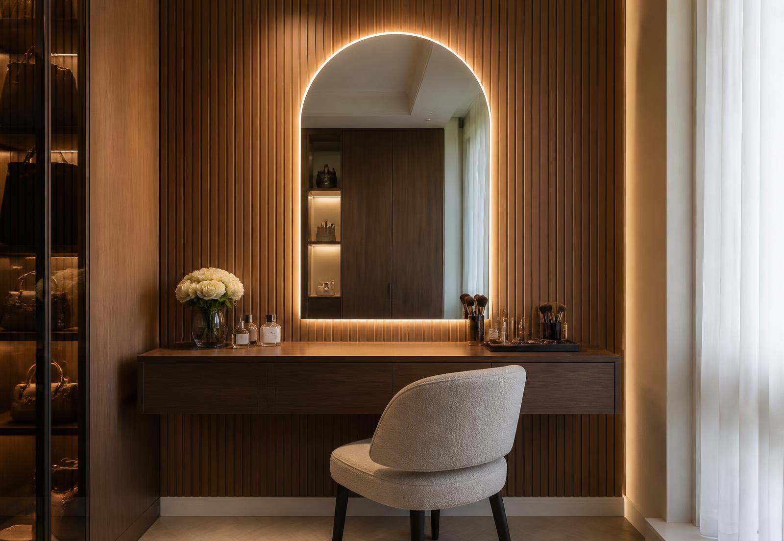 Modern makeup vanity with fluted wall panels, arched backlit mirror and warm LED