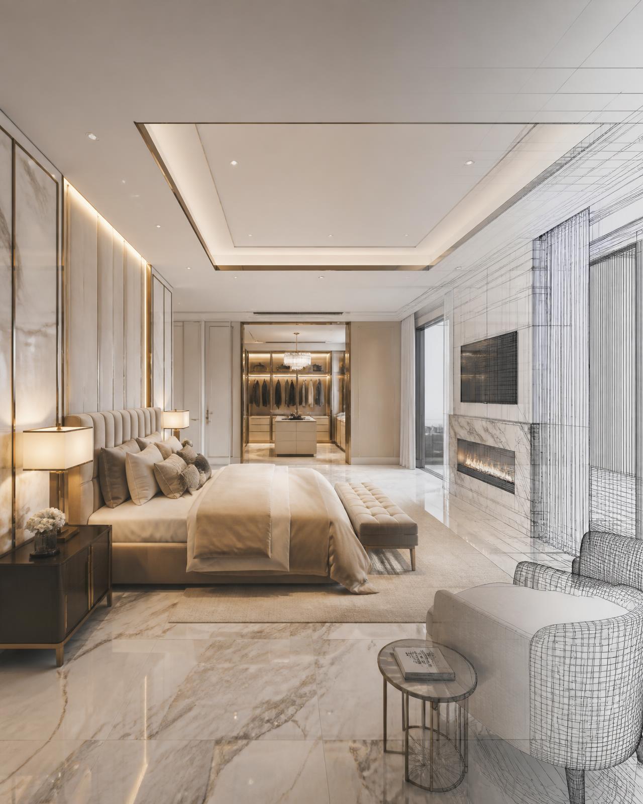 Photorealistic 3D rendering of a luxury primary suite with wireframe overlay
