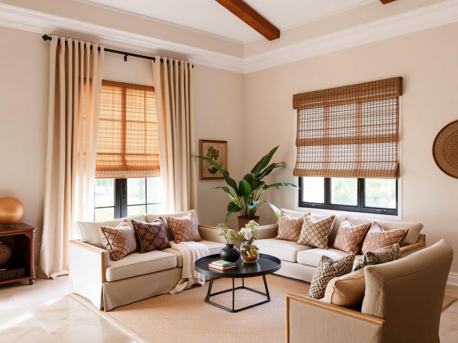 Boho living room with natural linen drapery and woven roman shades