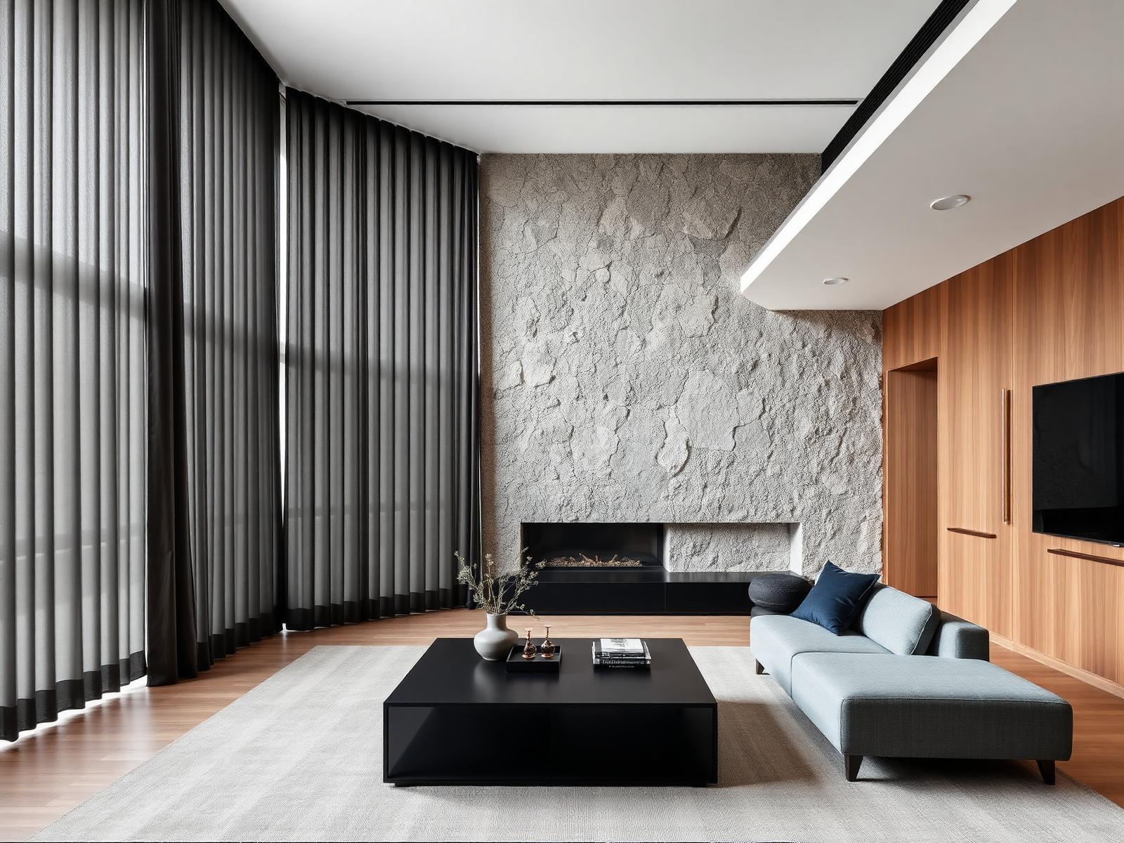 Modern Italian living room with sleek full-height drapery on concealed tracks