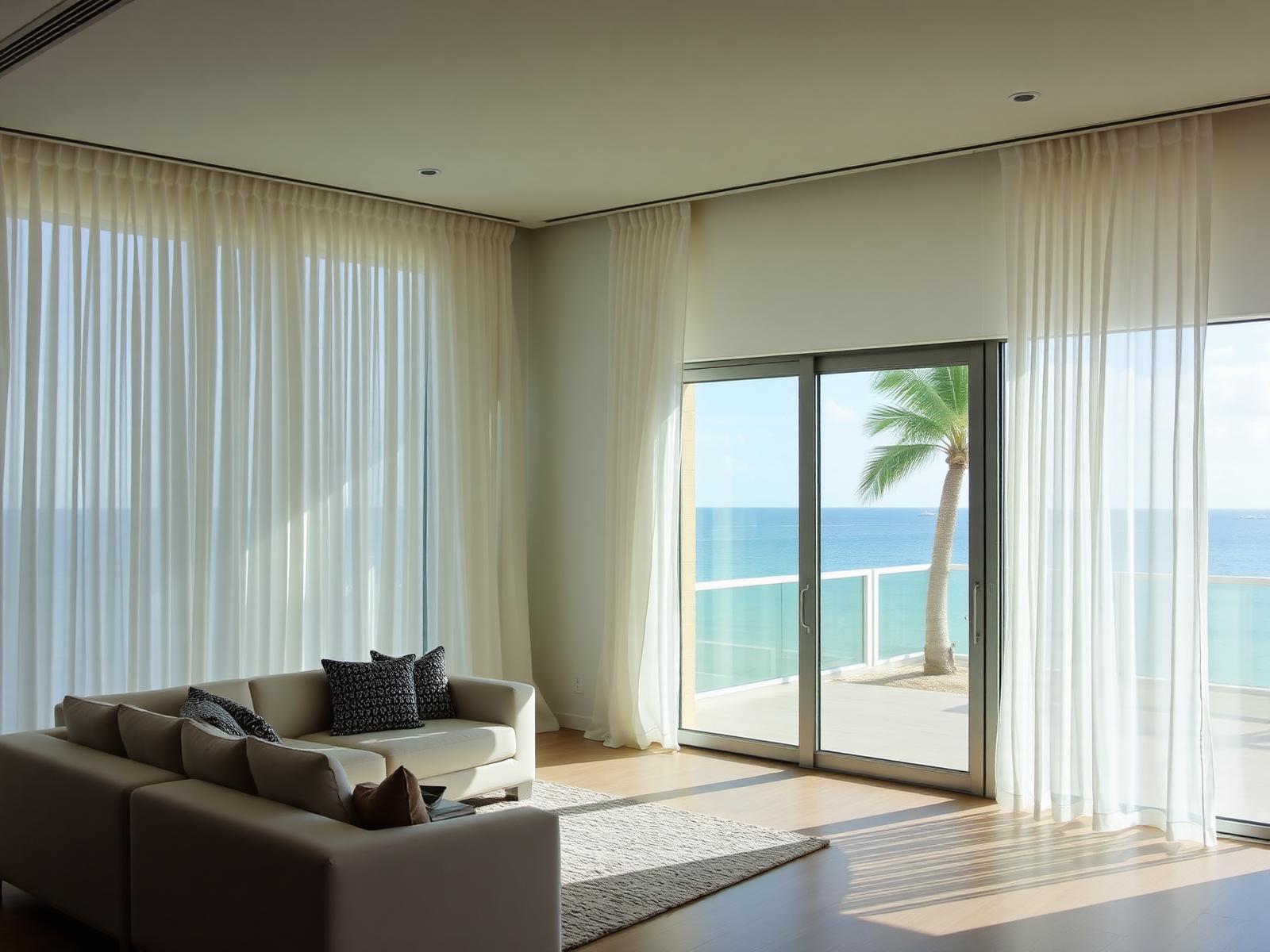 Miami living room with airy sheers and roller shade over sliding glass doors