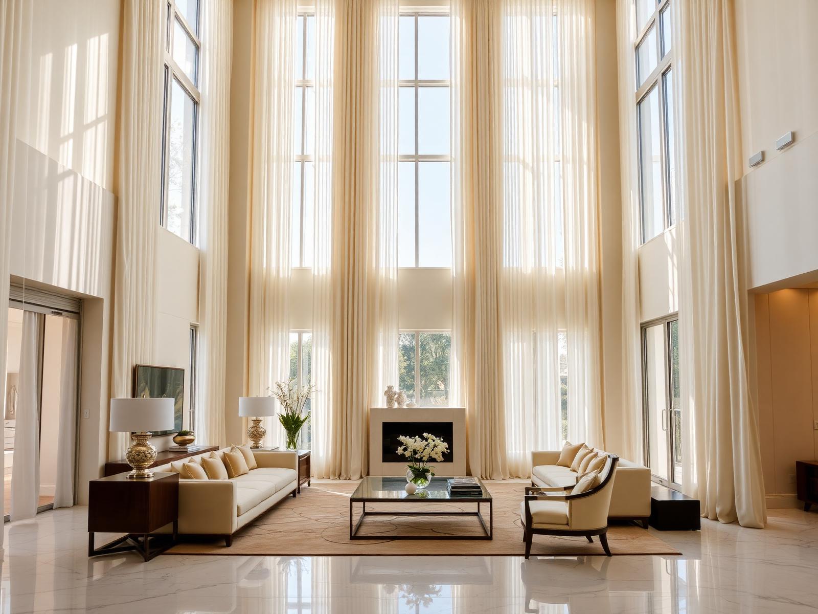 Double-height living room with floor-to-ceiling ivory drapery framing tall windows